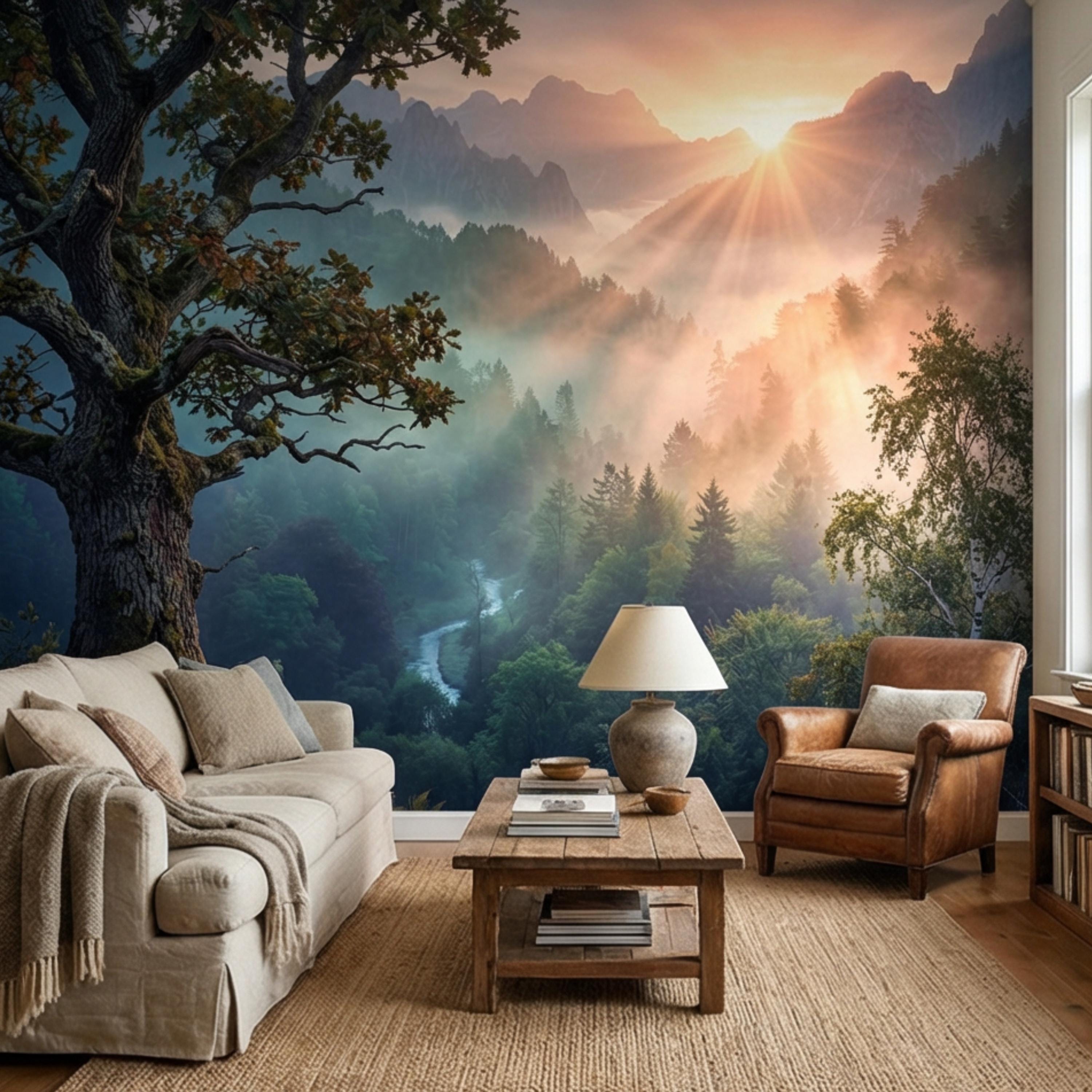 Mountain Sunrise Over Misty Forest Peel and Stick Wall Mural, Dramatic Valley Landscape Wallpaper