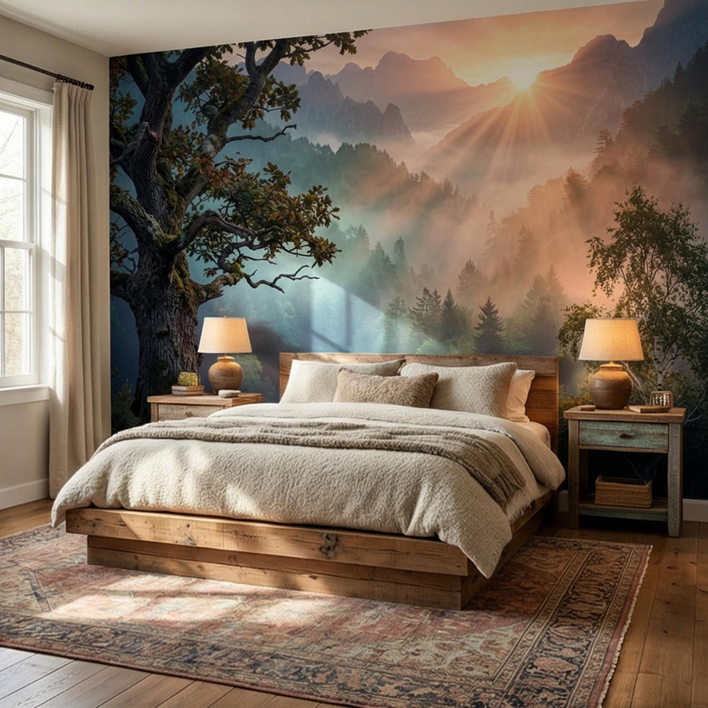 Mountain Sunrise Over Misty Forest Peel and Stick Wall Mural, Dramatic Valley Landscape Wallpaper