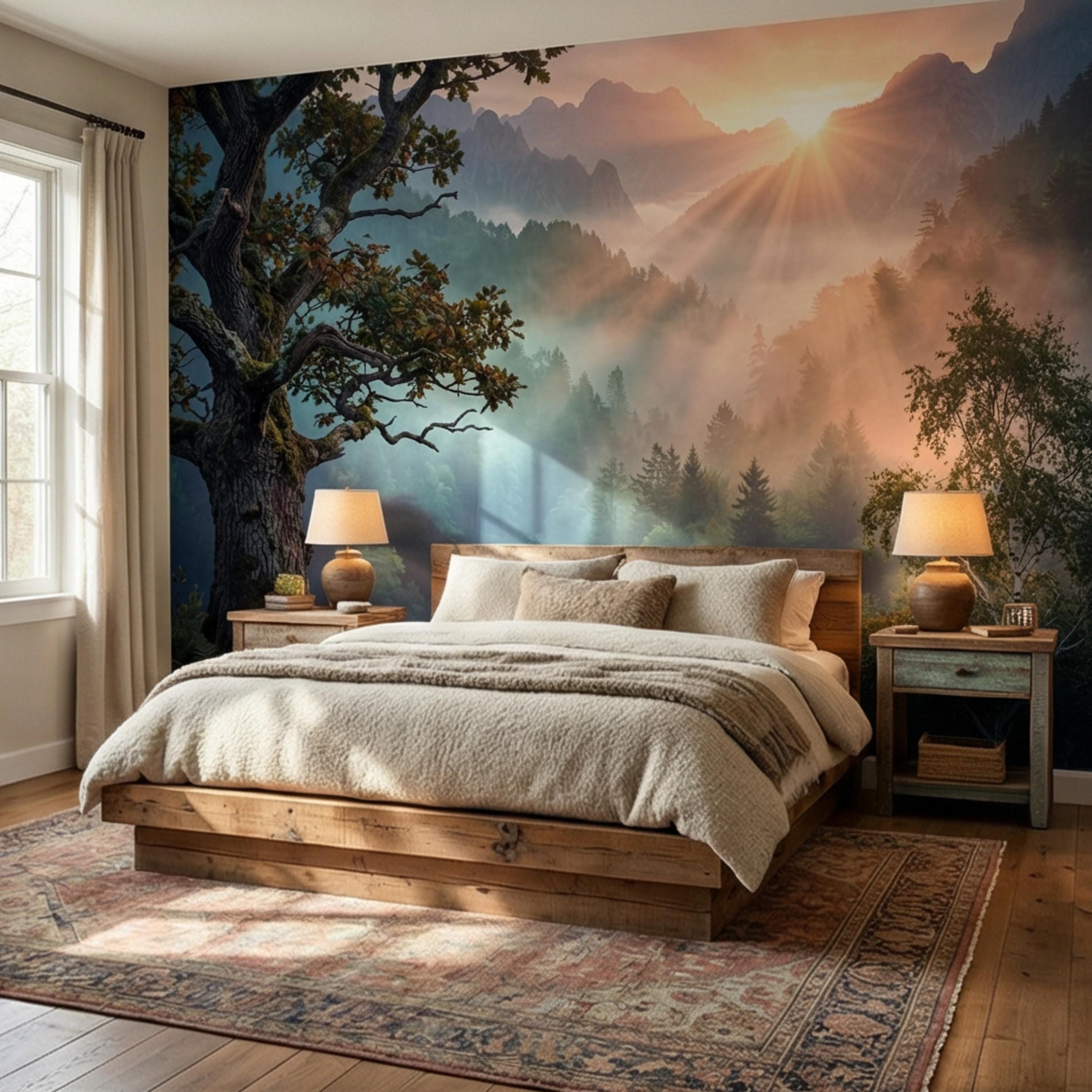 Mountain Sunrise Over Misty Forest Peel and Stick Wall Mural, Dramatic Valley Landscape Wallpaper