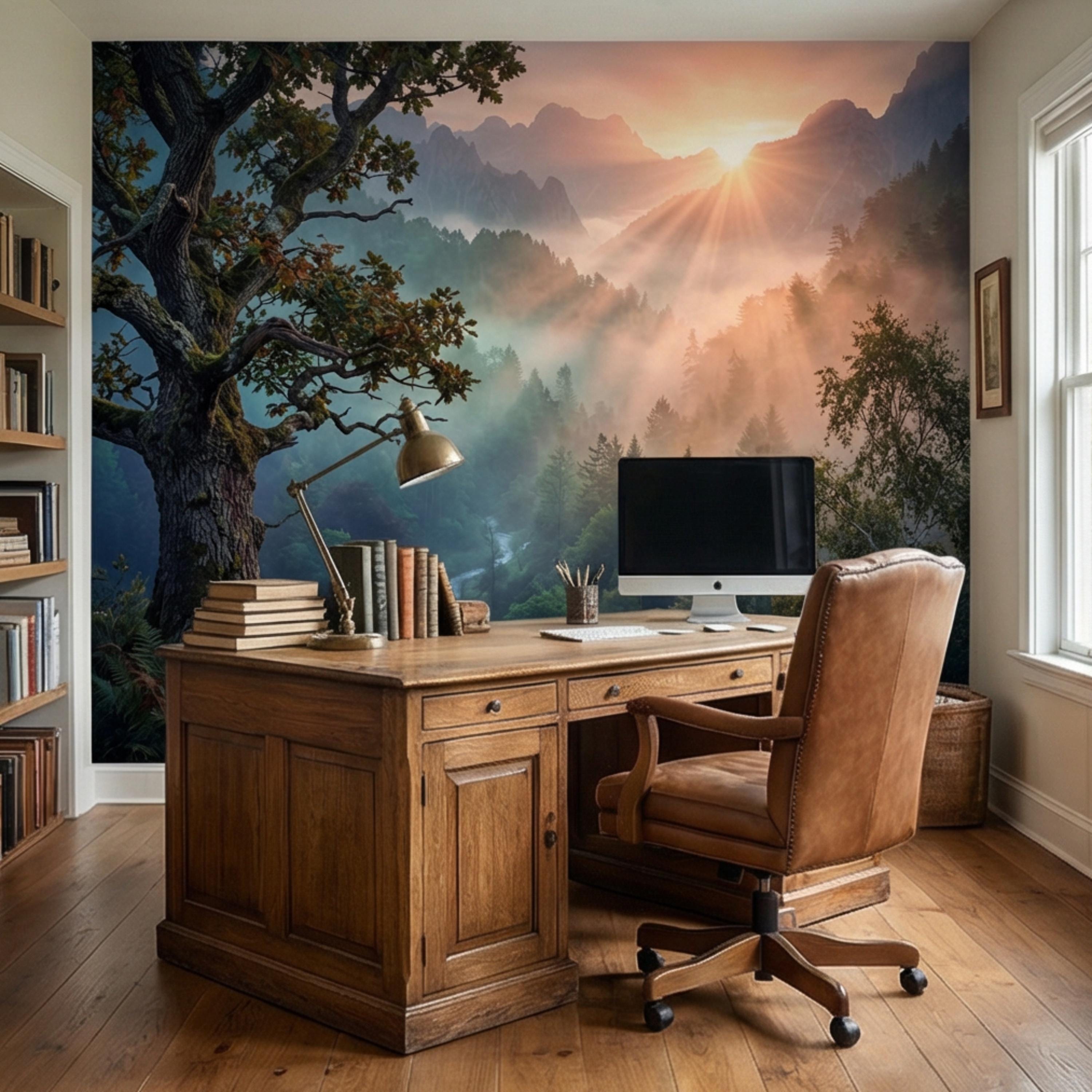 Mountain Sunrise Over Misty Forest Peel and Stick Wall Mural, Dramatic Valley Landscape Wallpaper