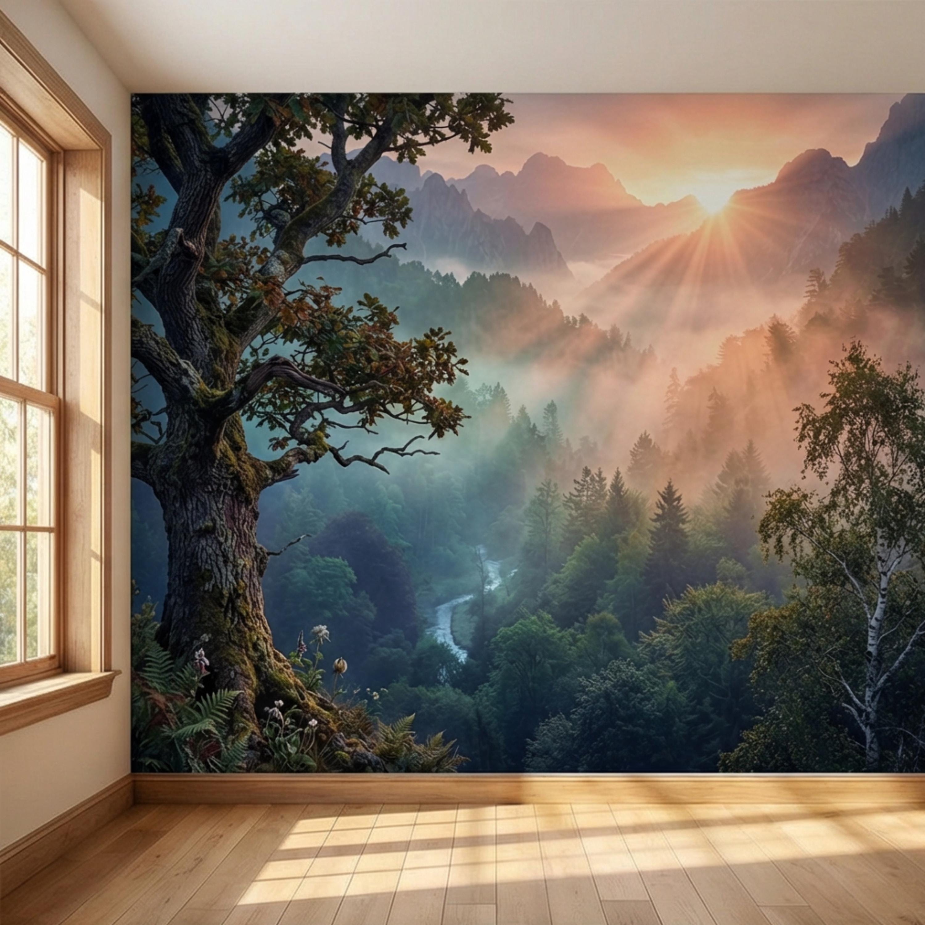 Mountain Sunrise Over Misty Forest Peel and Stick Wall Mural, Dramatic Valley Landscape Wallpaper