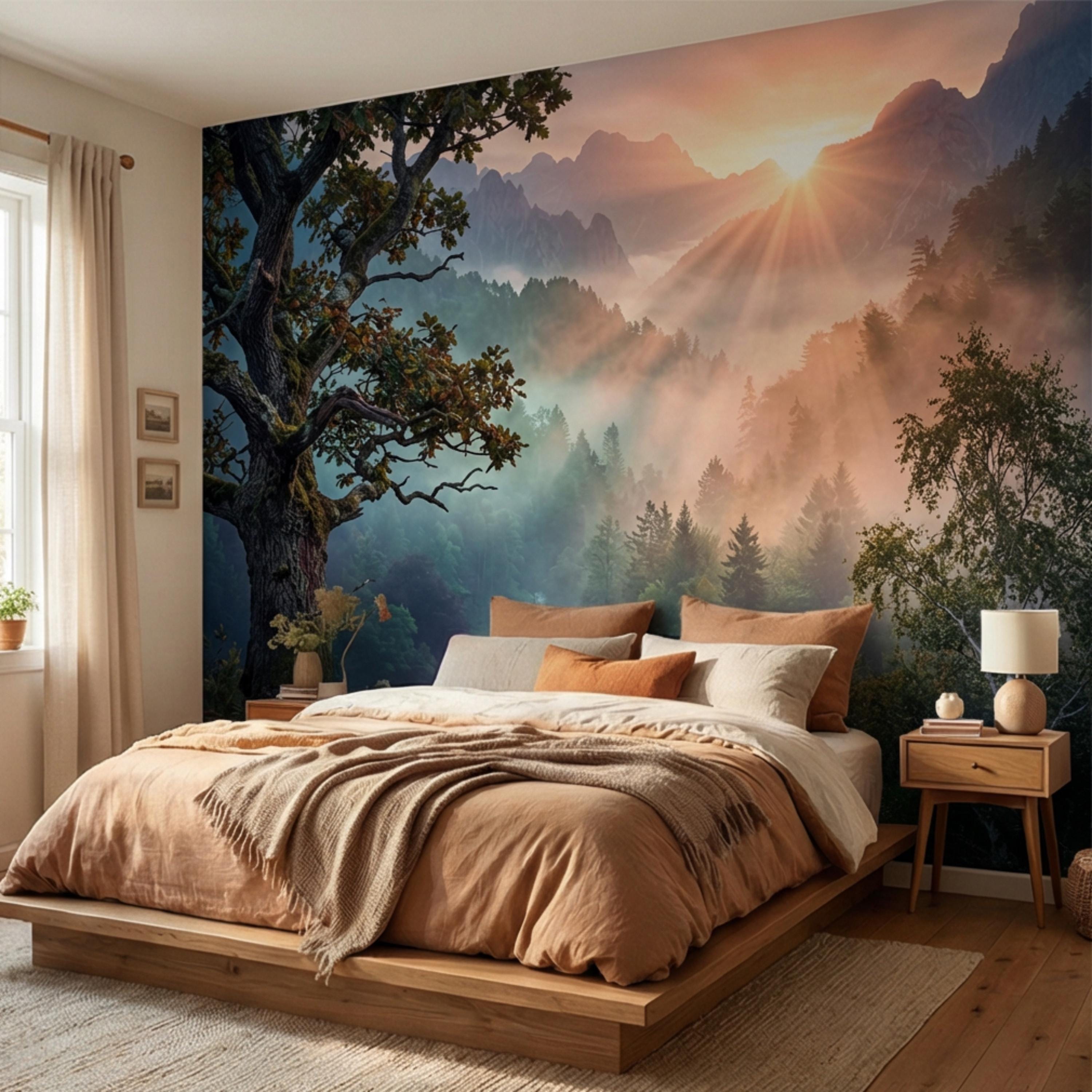 Mountain Sunrise Over Misty Forest Peel and Stick Wall Mural, Dramatic Valley Landscape Wallpaper