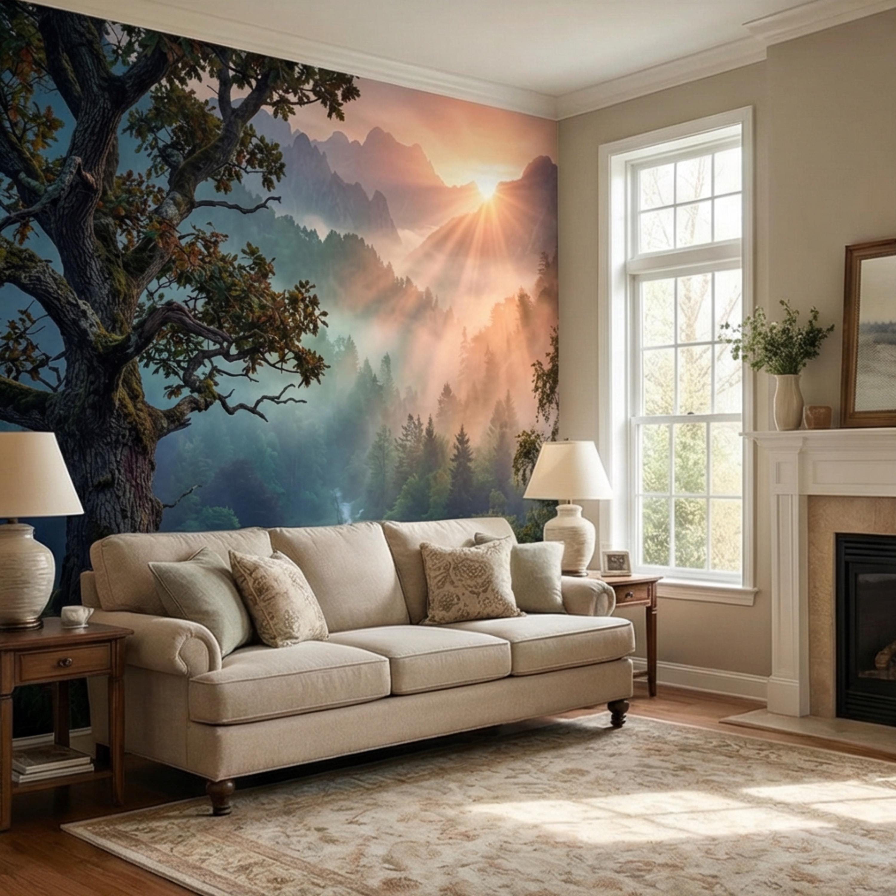 Mountain Sunrise Over Misty Forest Peel and Stick Wall Mural, Dramatic Valley Landscape Wallpaper