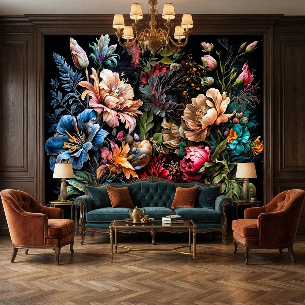 Colorful botanical wall mural with layered flowers and leaves on dark backdrop