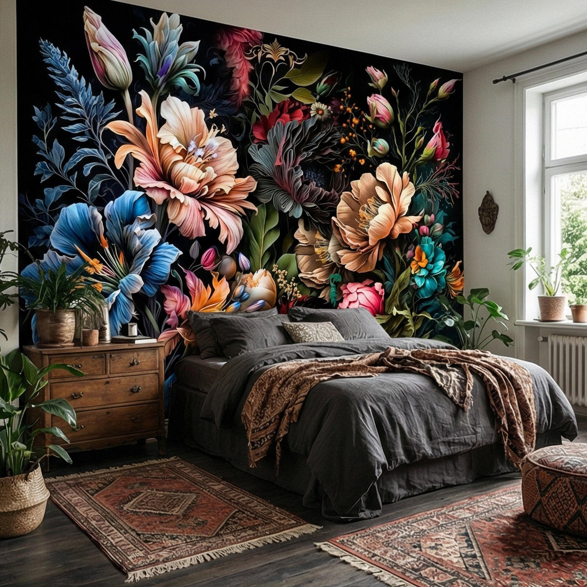 Maximalist floral wall mural featuring blue, peach, and pink blossoms