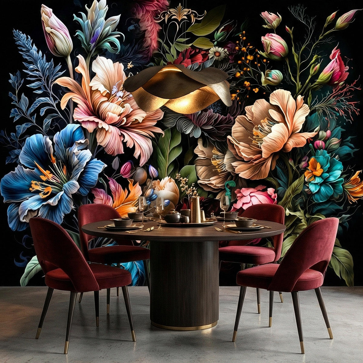 Floral botanical wall mural with bold multicolor blooms and green foliage