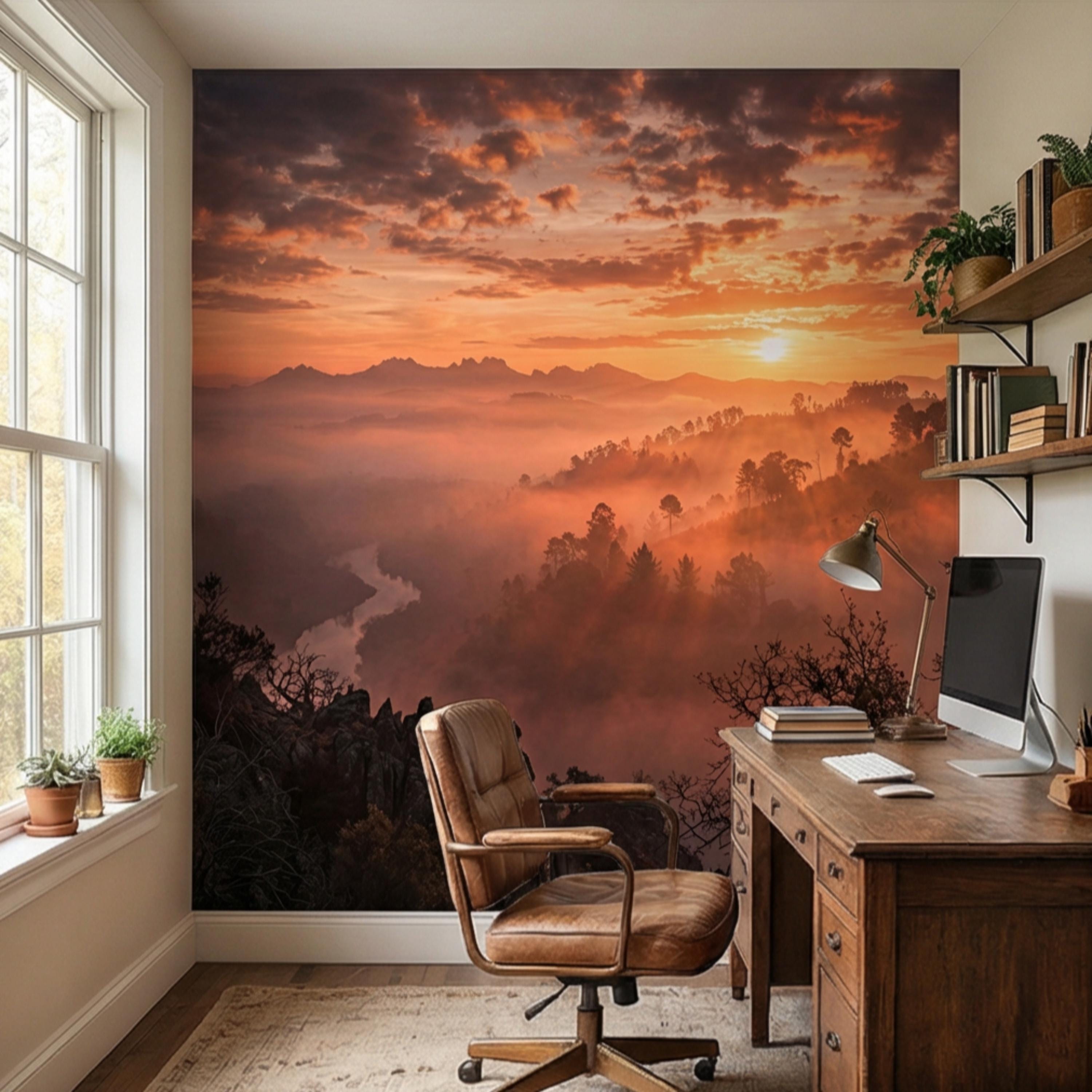 Mountain Sunrise Over Misty Valley Peel and Stick Wall Mural, Dramatic Forest River Landscape Wallpaper