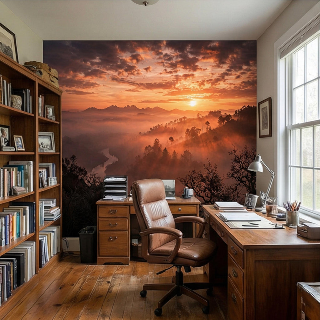 Mountain Sunrise Over Misty Valley Peel and Stick Wall Mural, Dramatic Forest River Landscape Wallpaper