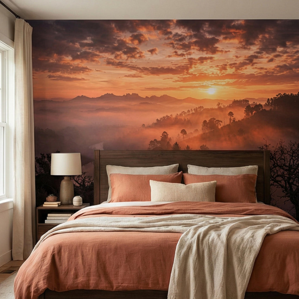 Mountain Sunrise Over Misty Valley Peel and Stick Wall Mural, Dramatic Forest River Landscape Wallpaper