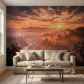 Mountain Sunrise Over Misty Valley Peel and Stick Wall Mural, Dramatic Forest River Landscape Wallpaper