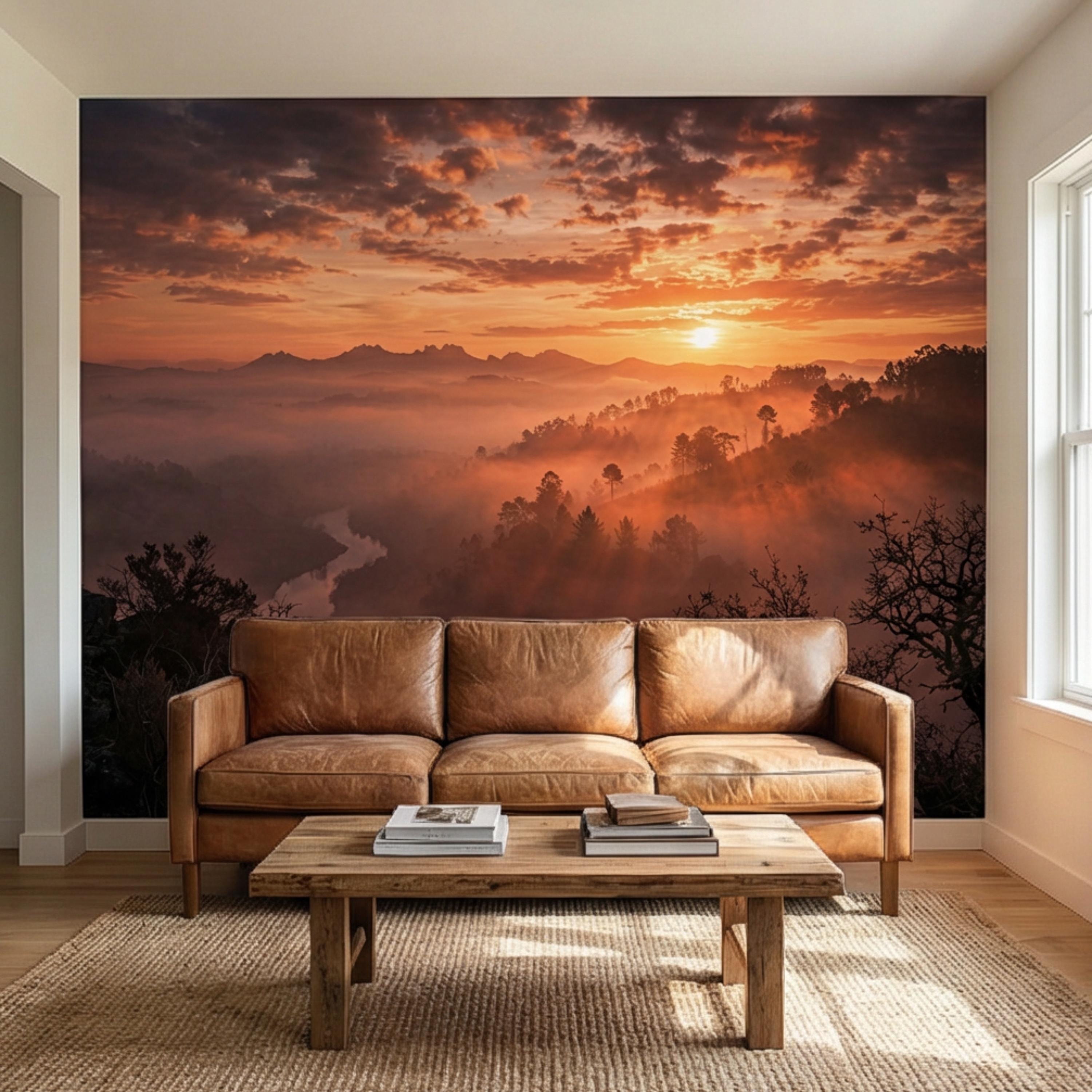 Mountain Sunrise Over Misty Valley Peel and Stick Wall Mural, Dramatic Forest River Landscape Wallpaper