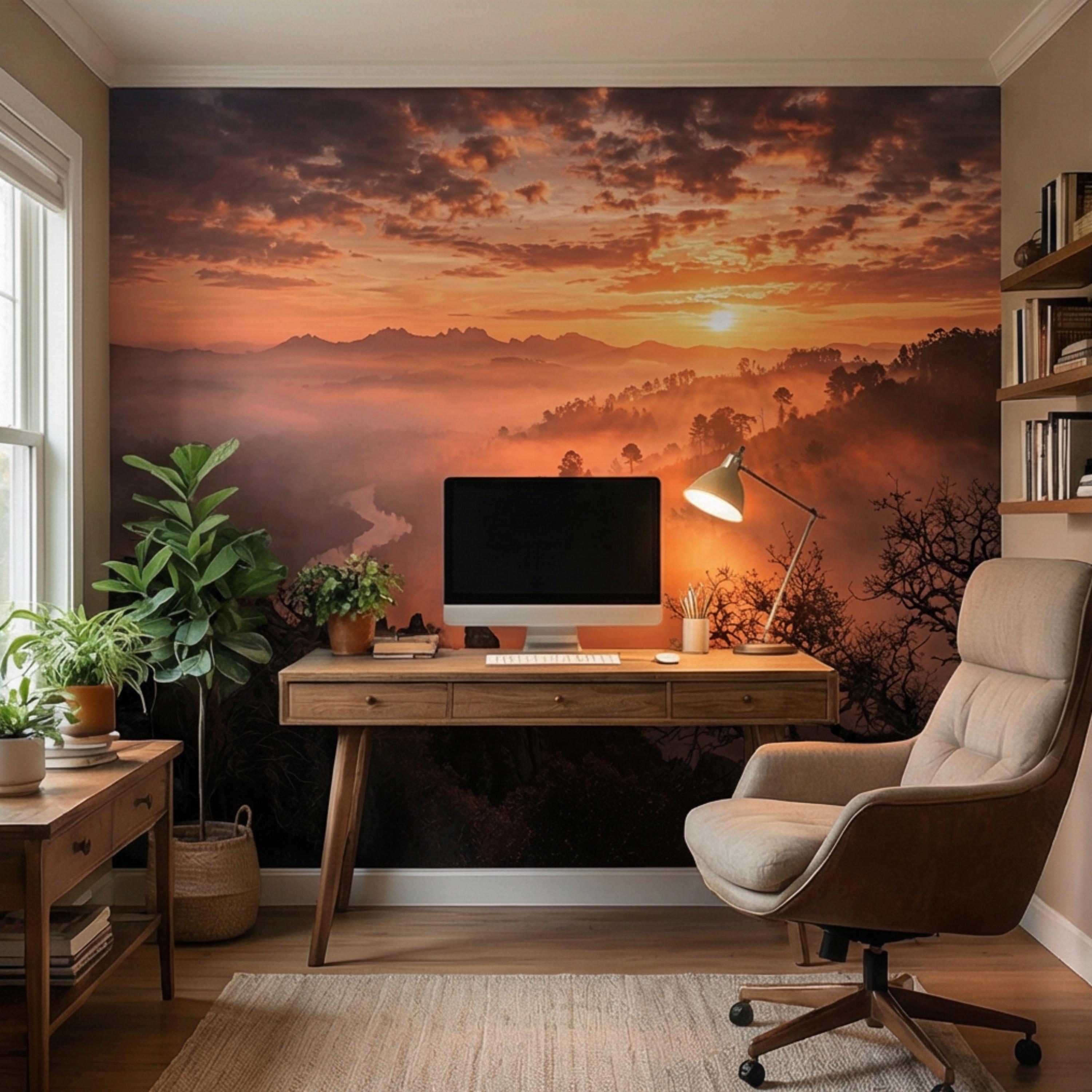 Mountain Sunrise Over Misty Valley Peel and Stick Wall Mural, Dramatic Forest River Landscape Wallpaper