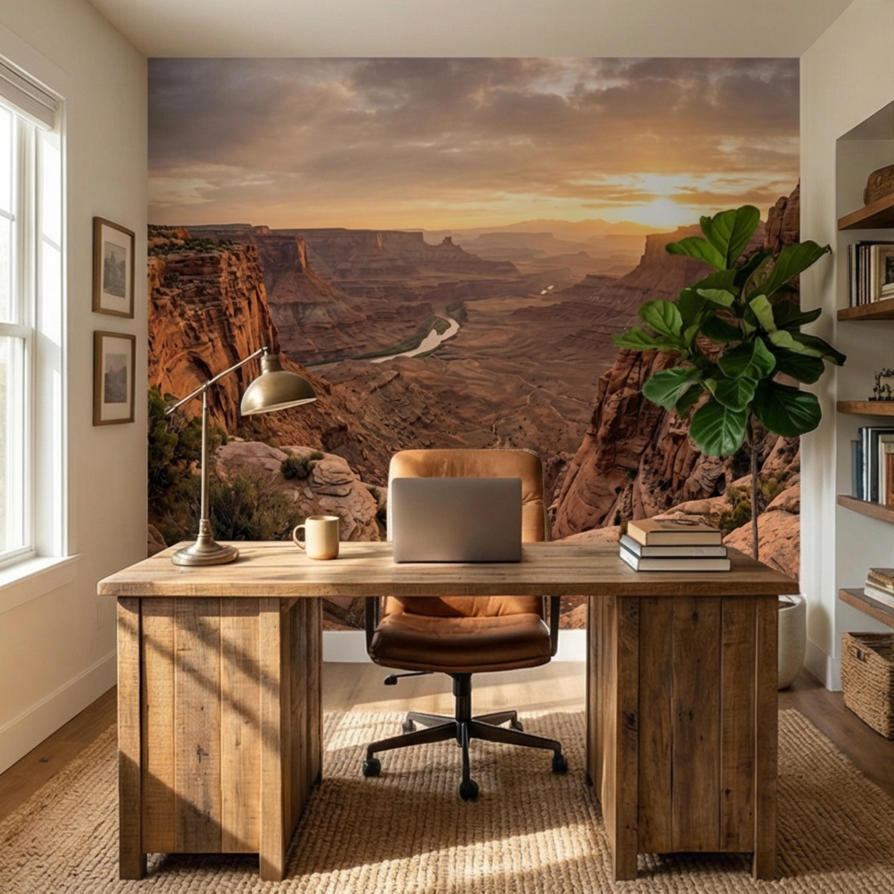 Southwest Canyon Sunrise Panoramic Peel and Stick Wall Mural, Desert River Valley Landscape Wallpaper