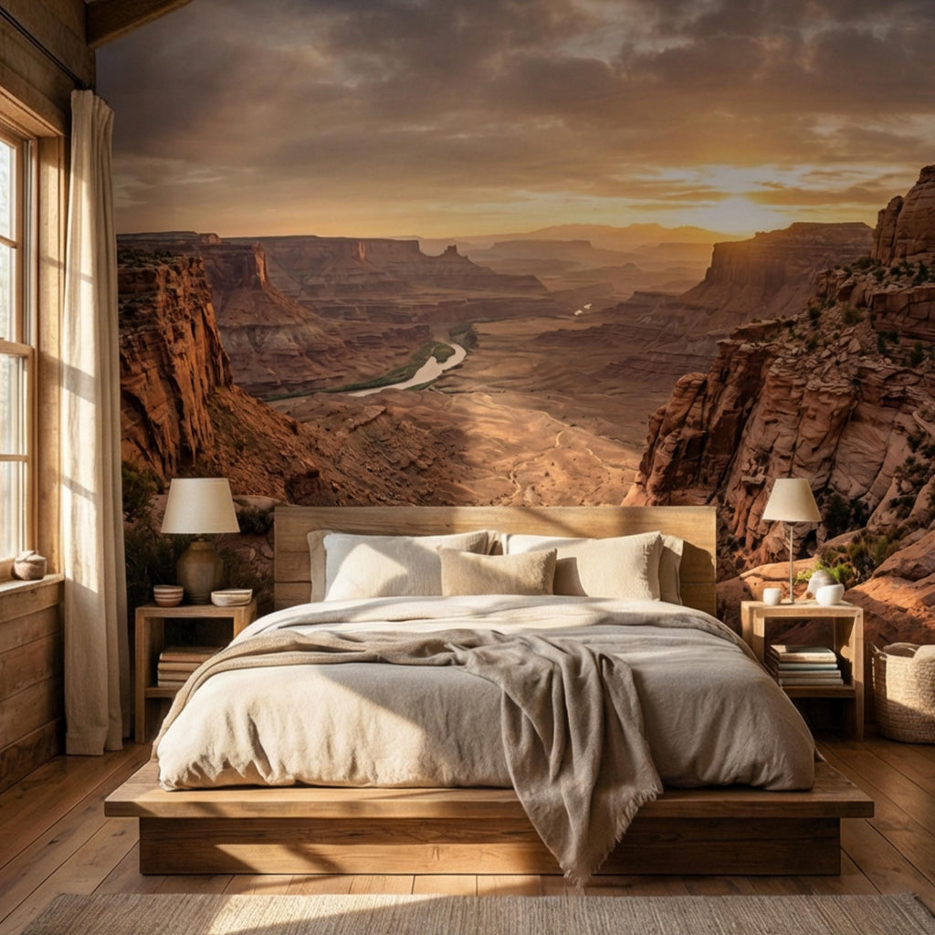 Southwest Canyon Sunrise Panoramic Peel and Stick Wall Mural, Desert River Valley Landscape Wallpaper