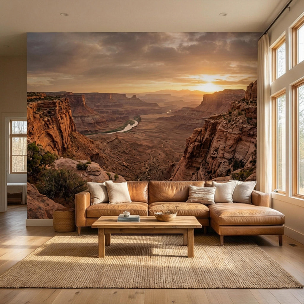 Southwest Canyon Sunrise Panoramic Peel and Stick Wall Mural, Desert River Valley Landscape Wallpaper