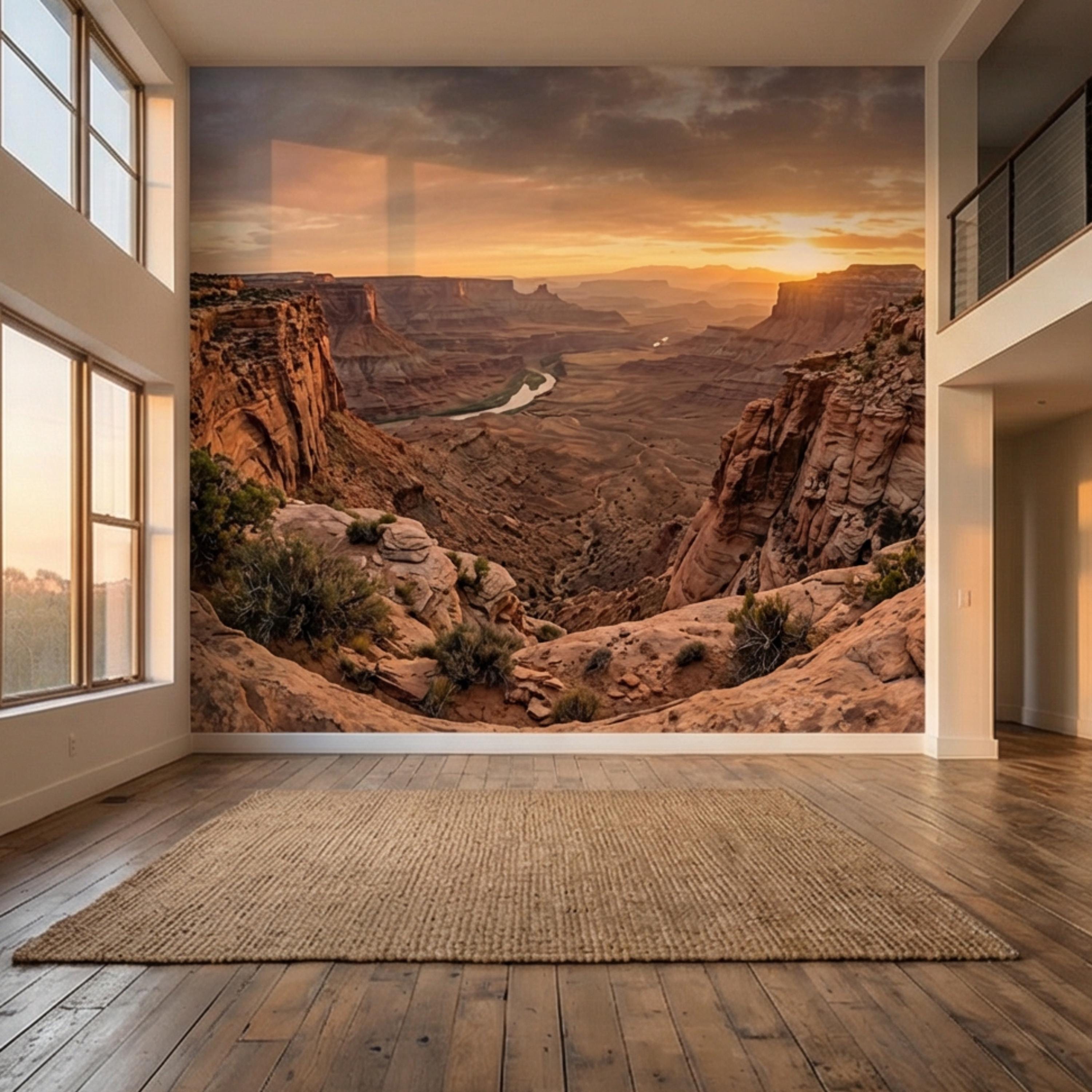 Southwest Canyon Sunrise Panoramic Peel and Stick Wall Mural, Desert River Valley Landscape Wallpaper