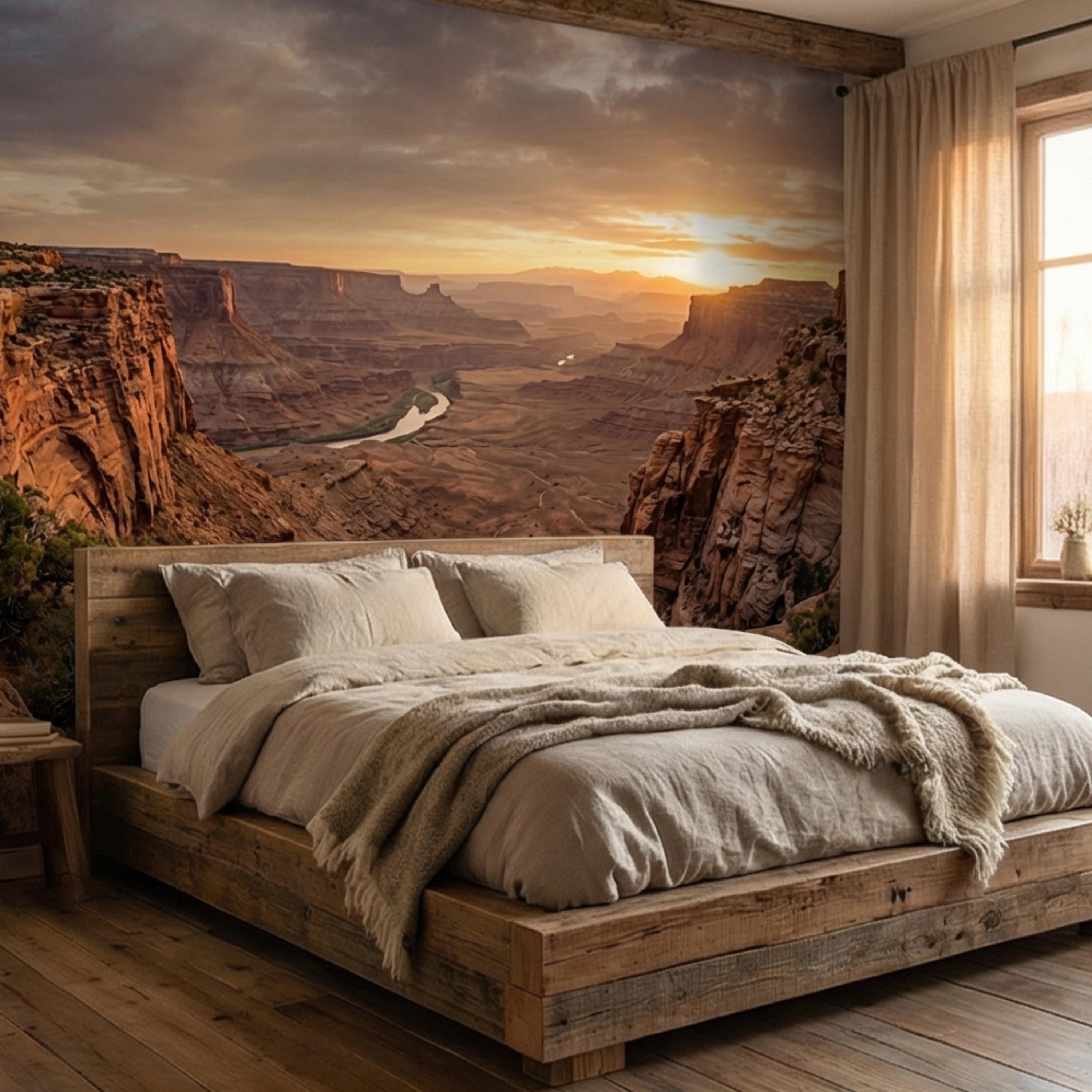 Southwest Canyon Sunrise Panoramic Peel and Stick Wall Mural, Desert River Valley Landscape Wallpaper
