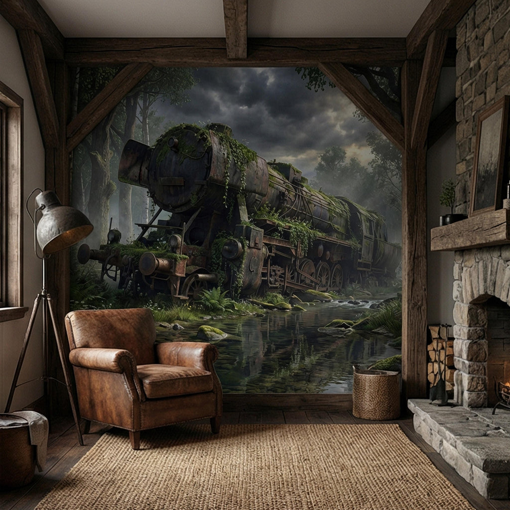 Abandoned Train Peel and Stick Wall Mural, Overgrown Forest Locomotive, Mossy Woodland Scenic Wallpaper