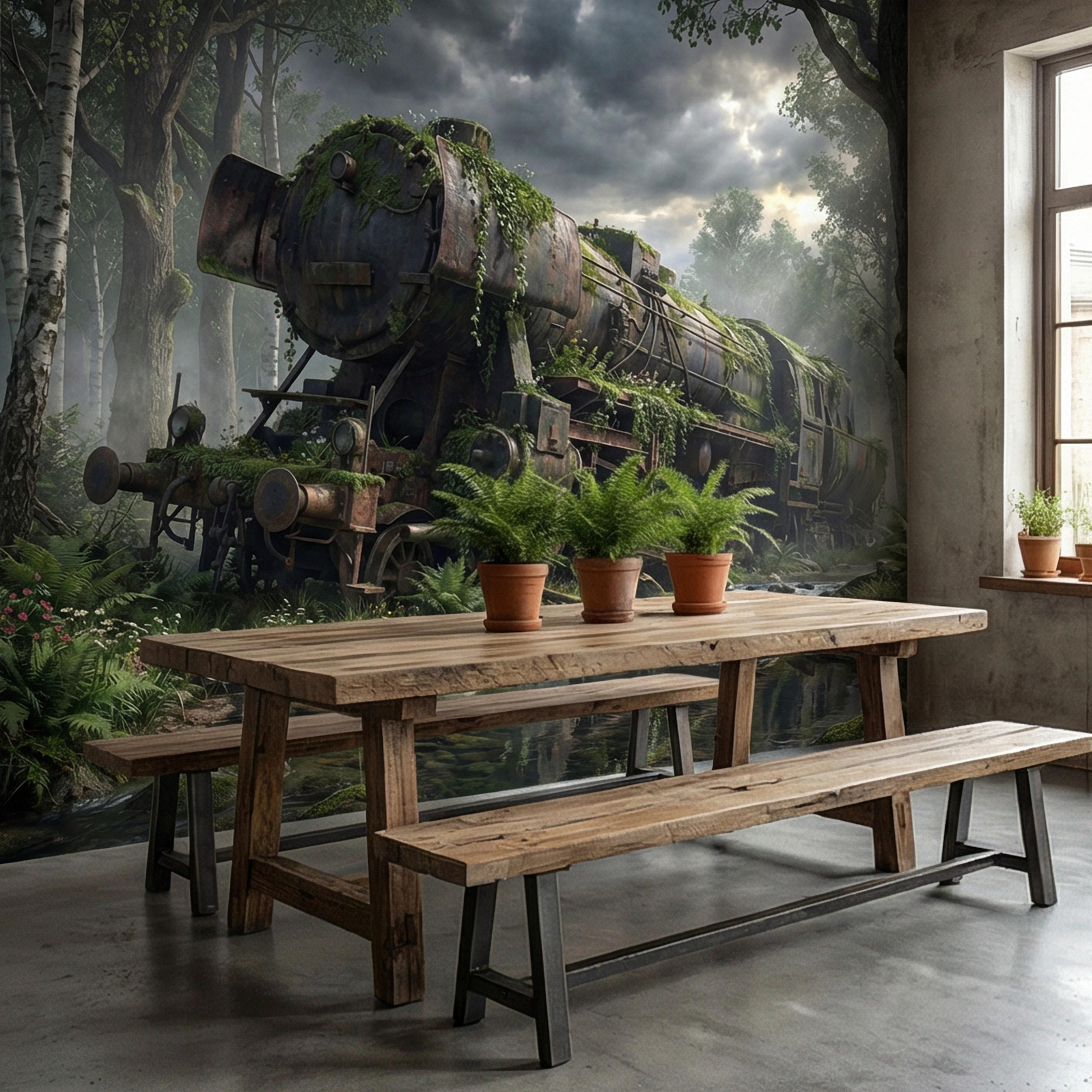 Abandoned Train Peel and Stick Wall Mural, Overgrown Forest Locomotive, Mossy Woodland Scenic Wallpaper