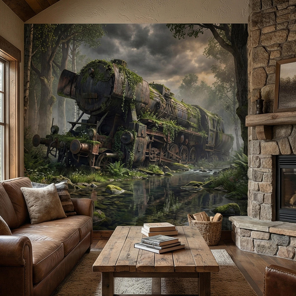 Abandoned Train Peel and Stick Wall Mural, Overgrown Forest Locomotive, Mossy Woodland Scenic Wallpaper