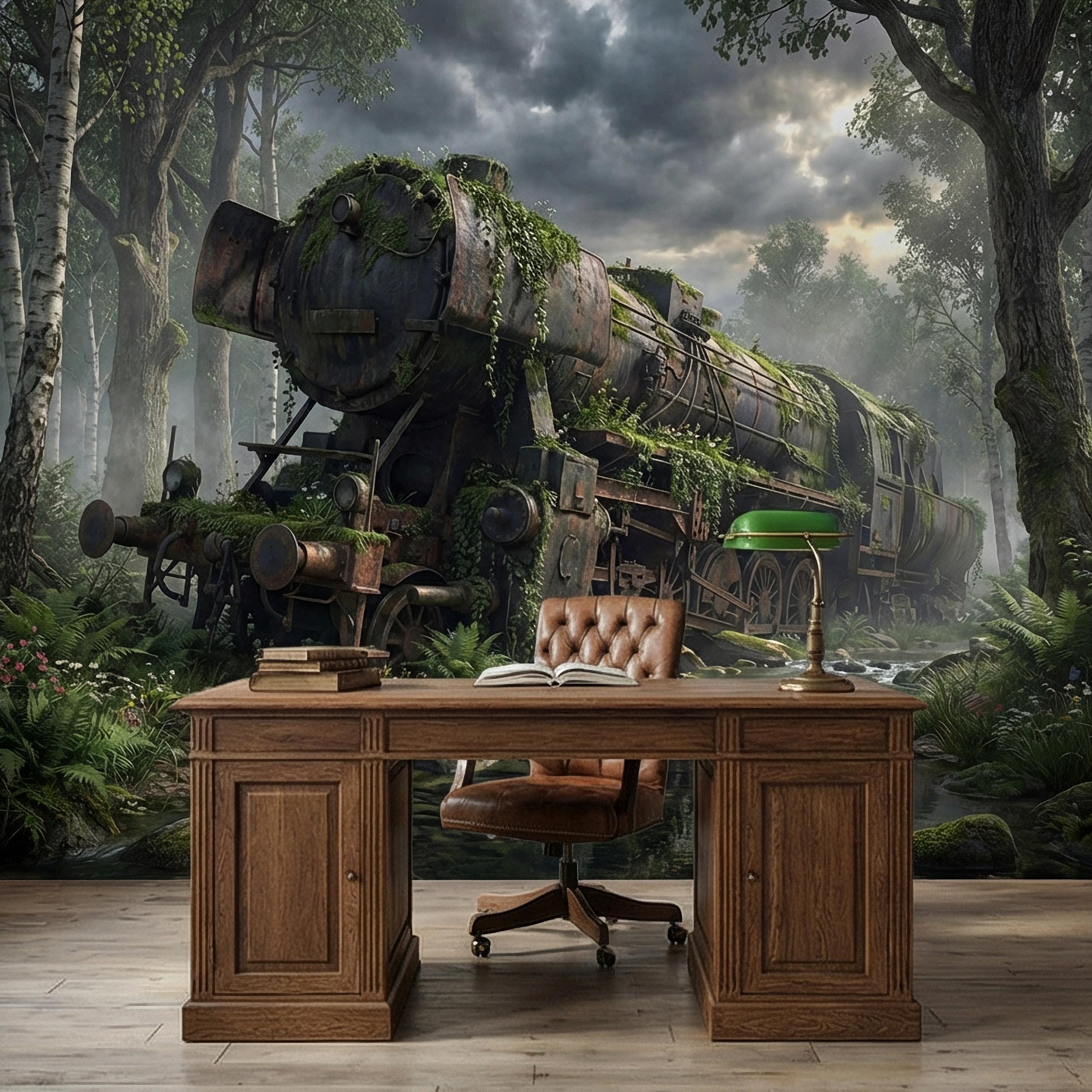 Abandoned Train Peel and Stick Wall Mural, Overgrown Forest Locomotive, Mossy Woodland Scenic Wallpaper