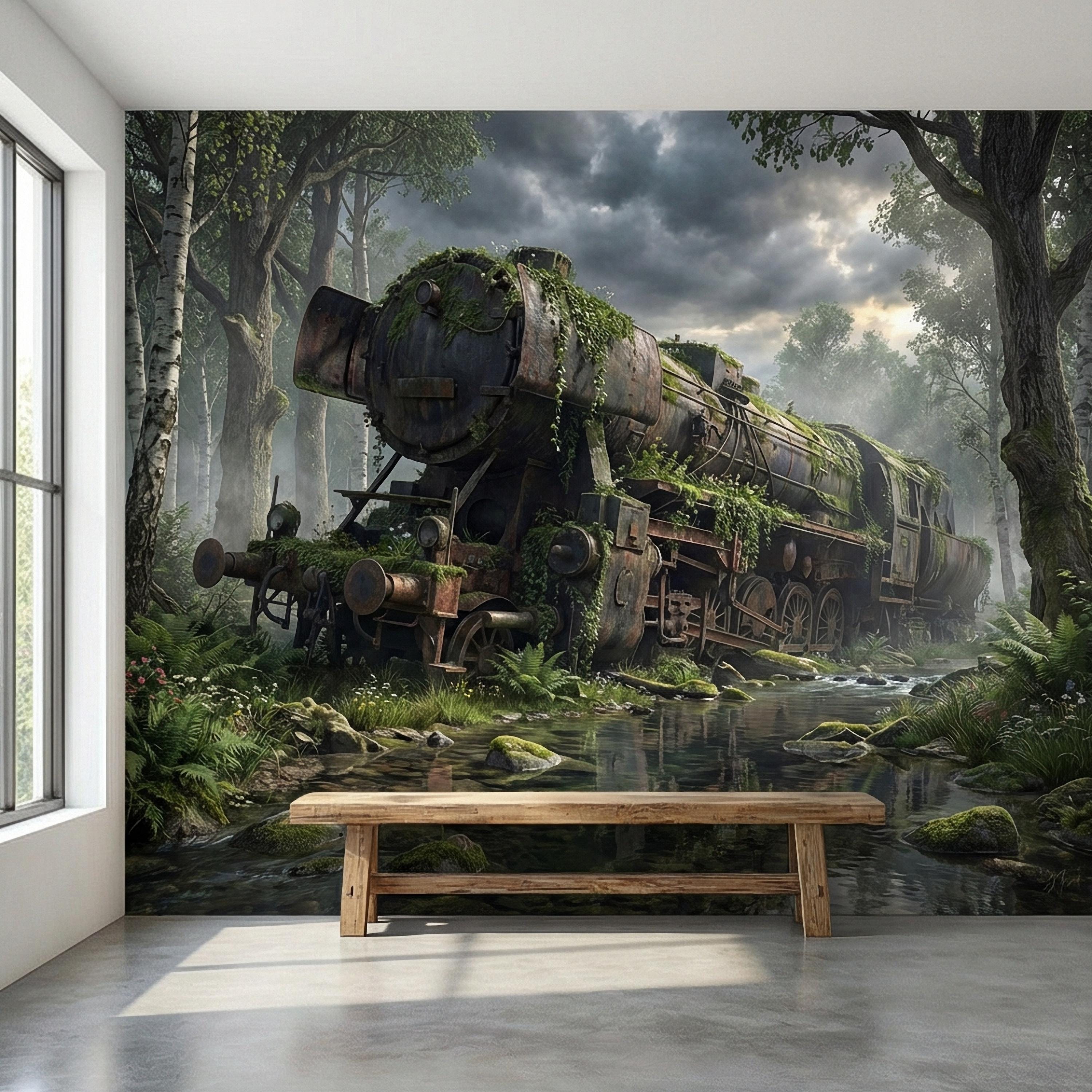 Abandoned Train Peel and Stick Wall Mural, Overgrown Forest Locomotive, Mossy Woodland Scenic Wallpaper