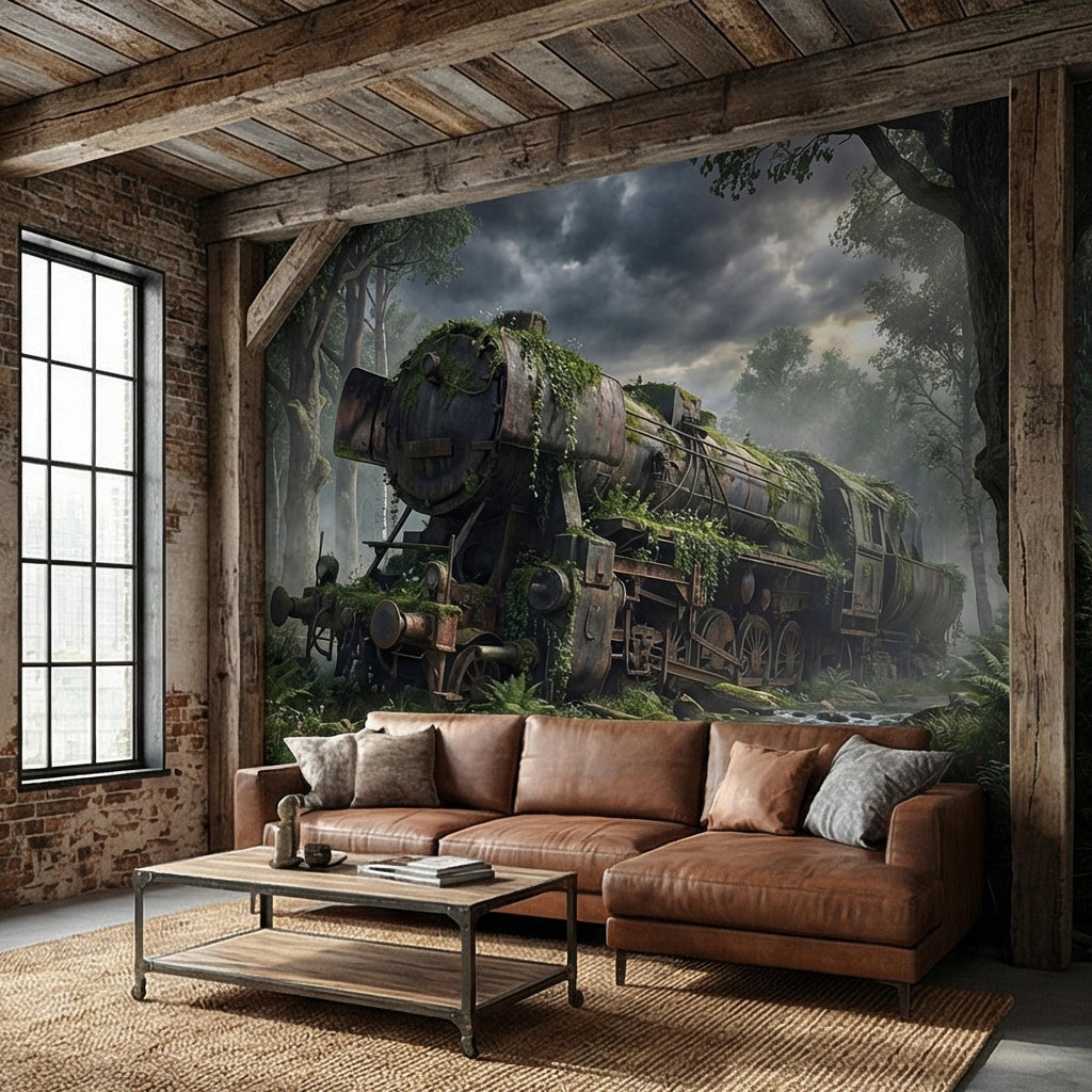 Abandoned Train Peel and Stick Wall Mural, Overgrown Forest Locomotive, Mossy Woodland Scenic Wallpaper