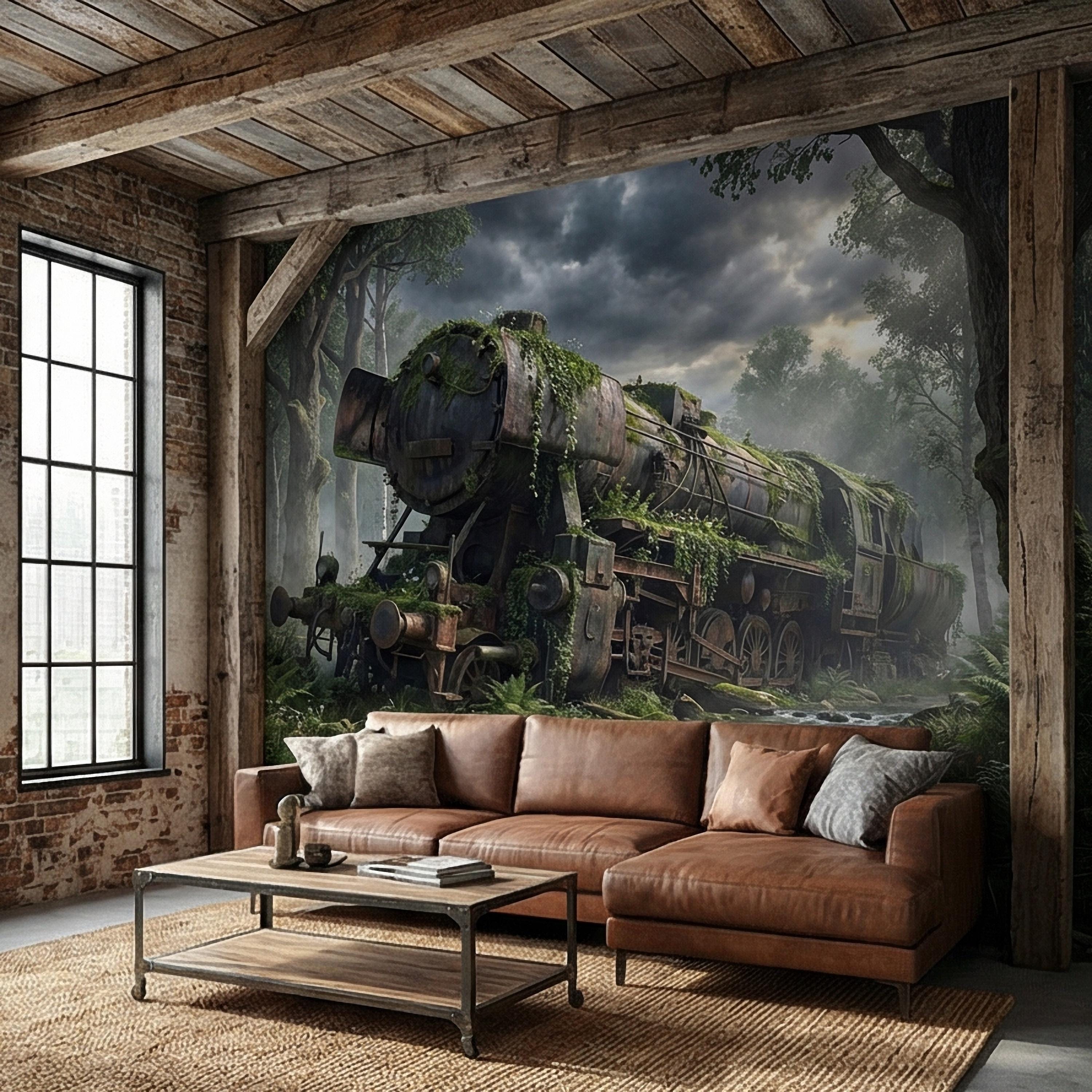 Abandoned Train Peel and Stick Wall Mural, Overgrown Forest Locomotive, Mossy Woodland Scenic Wallpaper