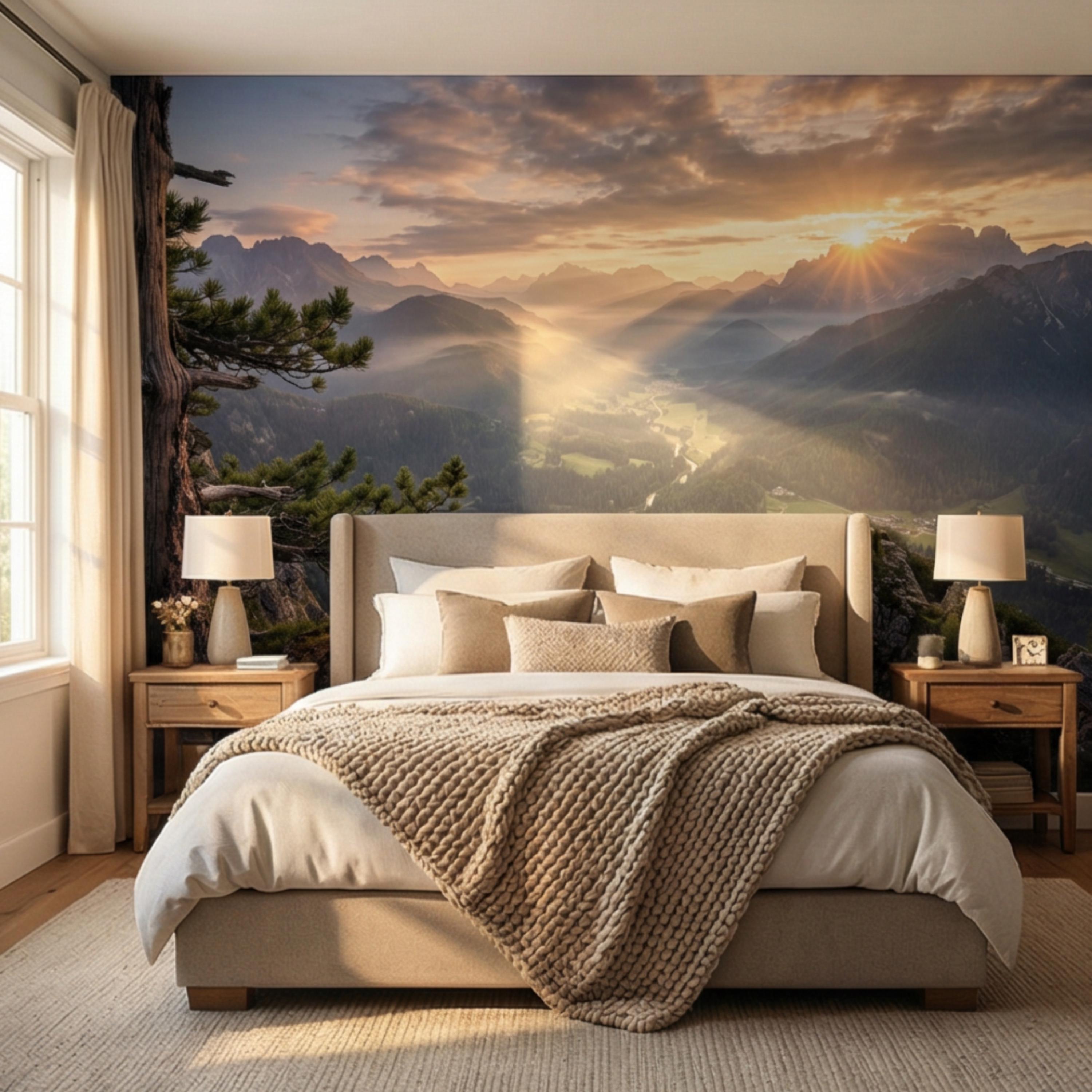 Mountain Sunrise Over Forest River Valley Panoramic Peel and Stick Wall Mural, Scenic Mountain Landscape Wallpaper