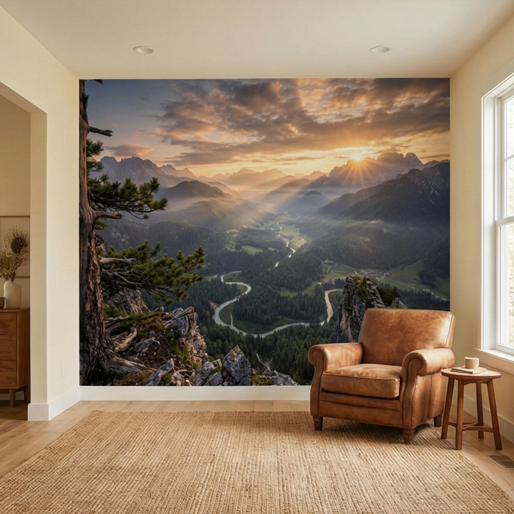 Mountain Sunrise Over Forest River Valley Panoramic Peel and Stick Wall Mural, Scenic Mountain Landscape Wallpaper