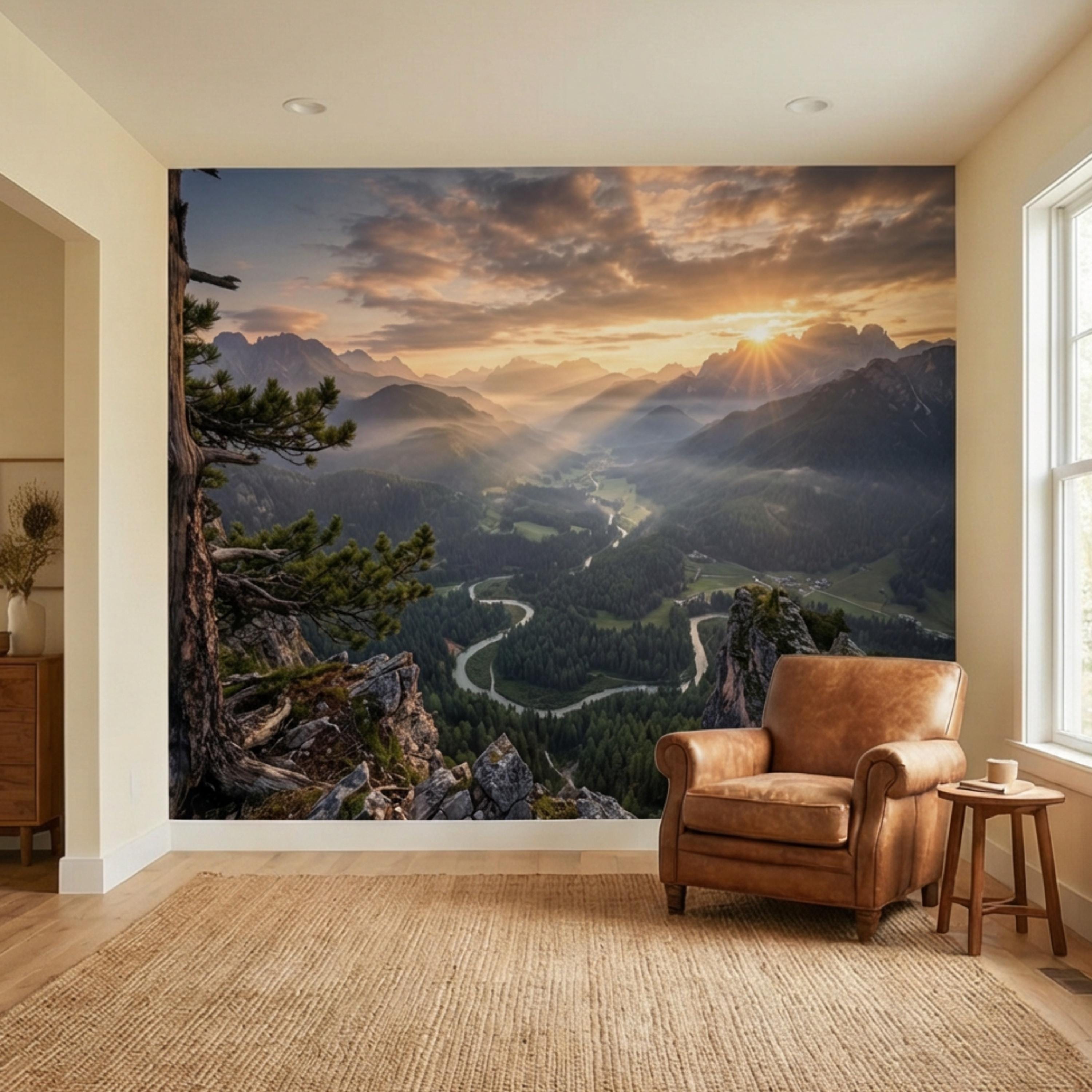 Mountain Sunrise Over Forest River Valley Panoramic Peel and Stick Wall Mural, Scenic Mountain Landscape Wallpaper