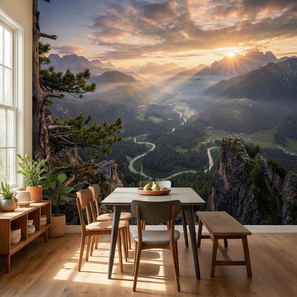 Mountain Sunrise Over Forest River Valley Panoramic Peel and Stick Wall Mural, Scenic Mountain Landscape Wallpaper