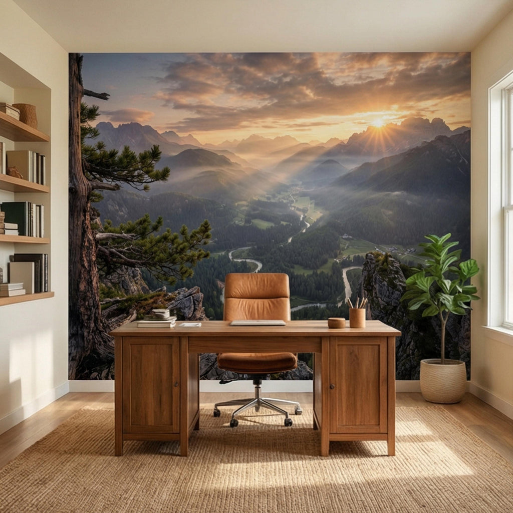 Mountain Sunrise Over Forest River Valley Panoramic Peel and Stick Wall Mural, Scenic Mountain Landscape Wallpaper