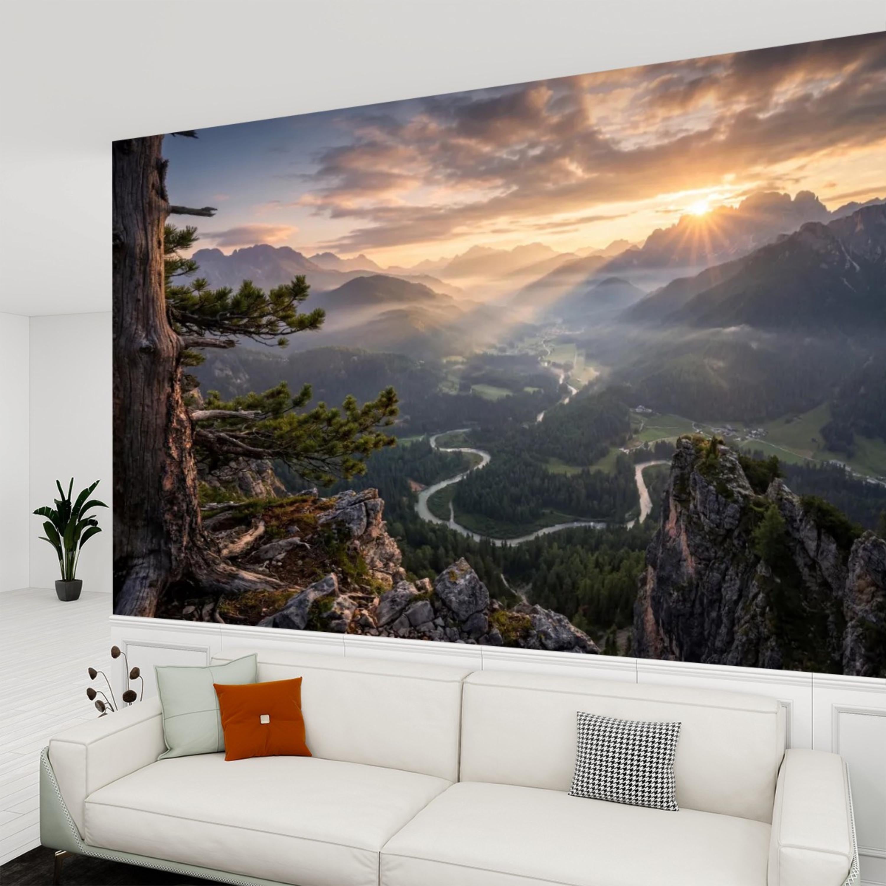 Mountain Sunrise Over Forest River Valley Panoramic Peel and Stick Wall Mural, Scenic Mountain Landscape Wallpaper