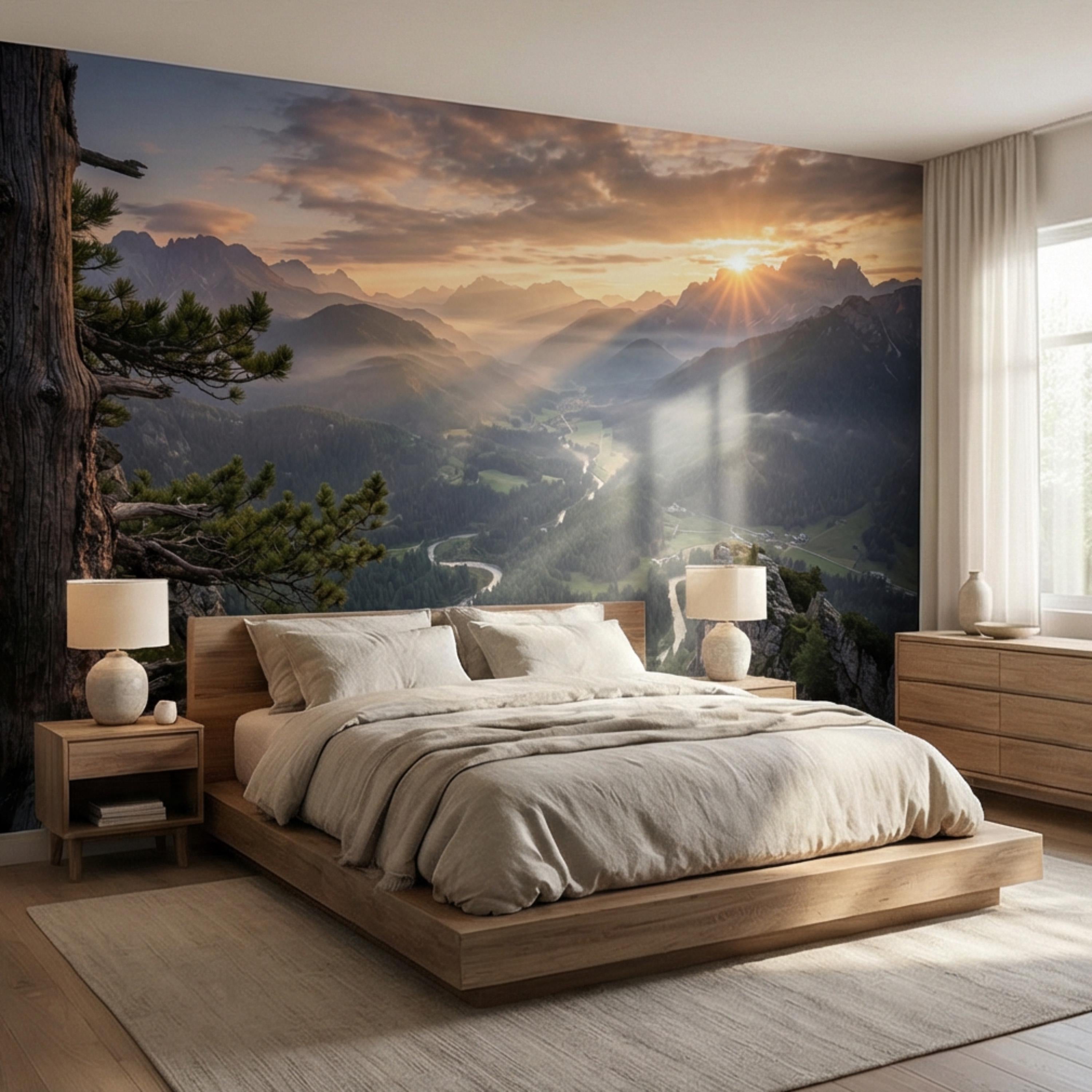 Mountain Sunrise Over Forest River Valley Panoramic Peel and Stick Wall Mural, Scenic Mountain Landscape Wallpaper
