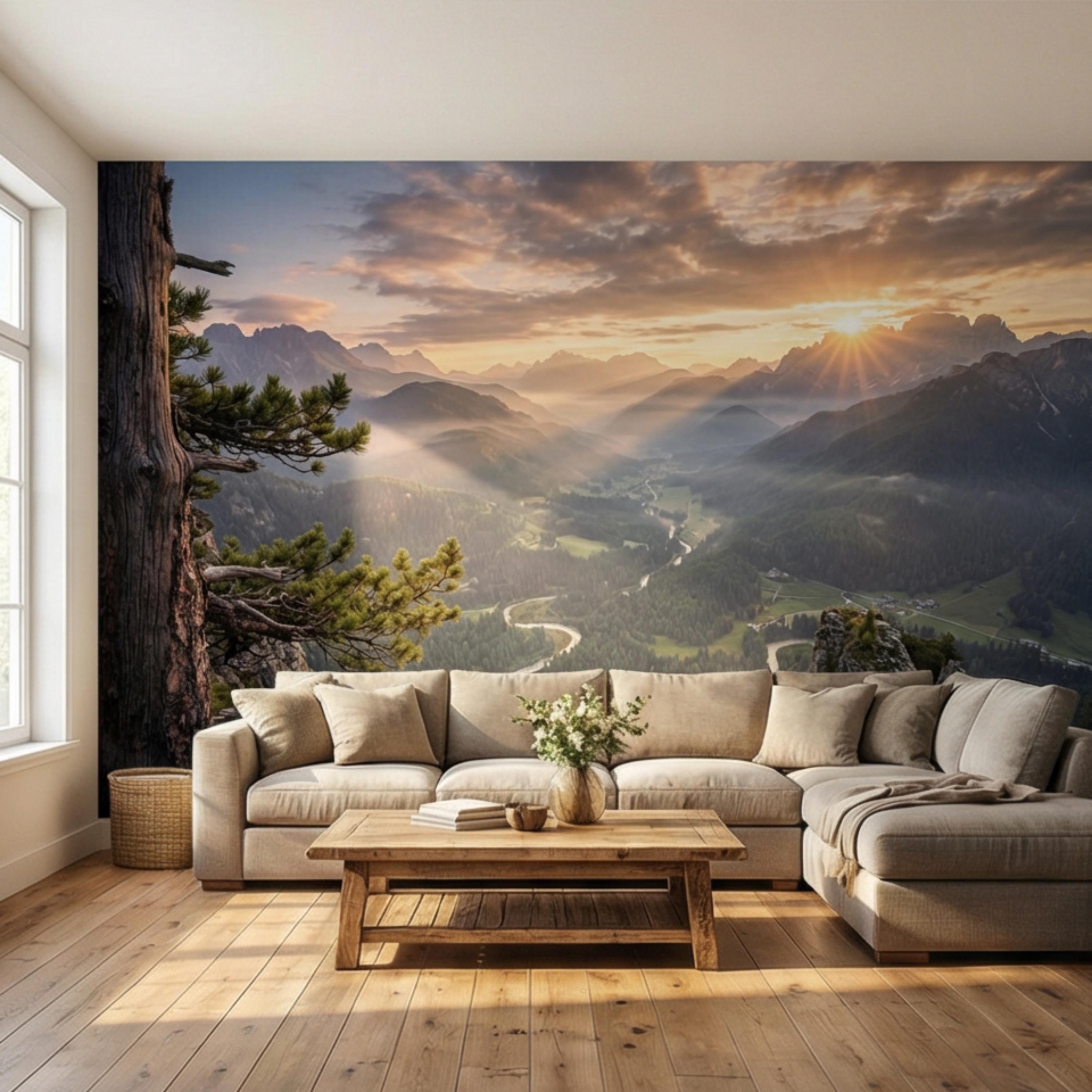 Mountain Sunrise Over Forest River Valley Panoramic Peel and Stick Wall Mural, Scenic Mountain Landscape Wallpaper