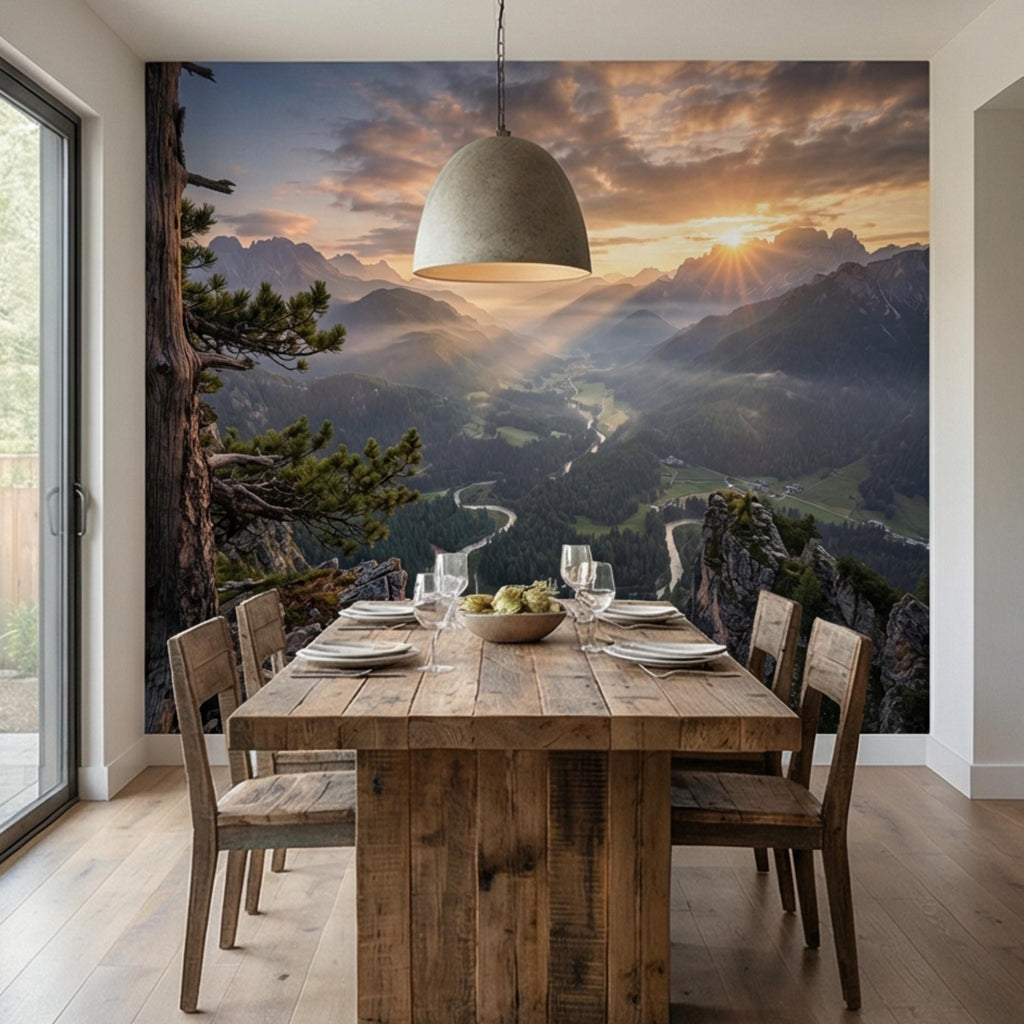 Mountain Sunrise Over Forest River Valley Panoramic Peel and Stick Wall Mural, Scenic Mountain Landscape Wallpaper