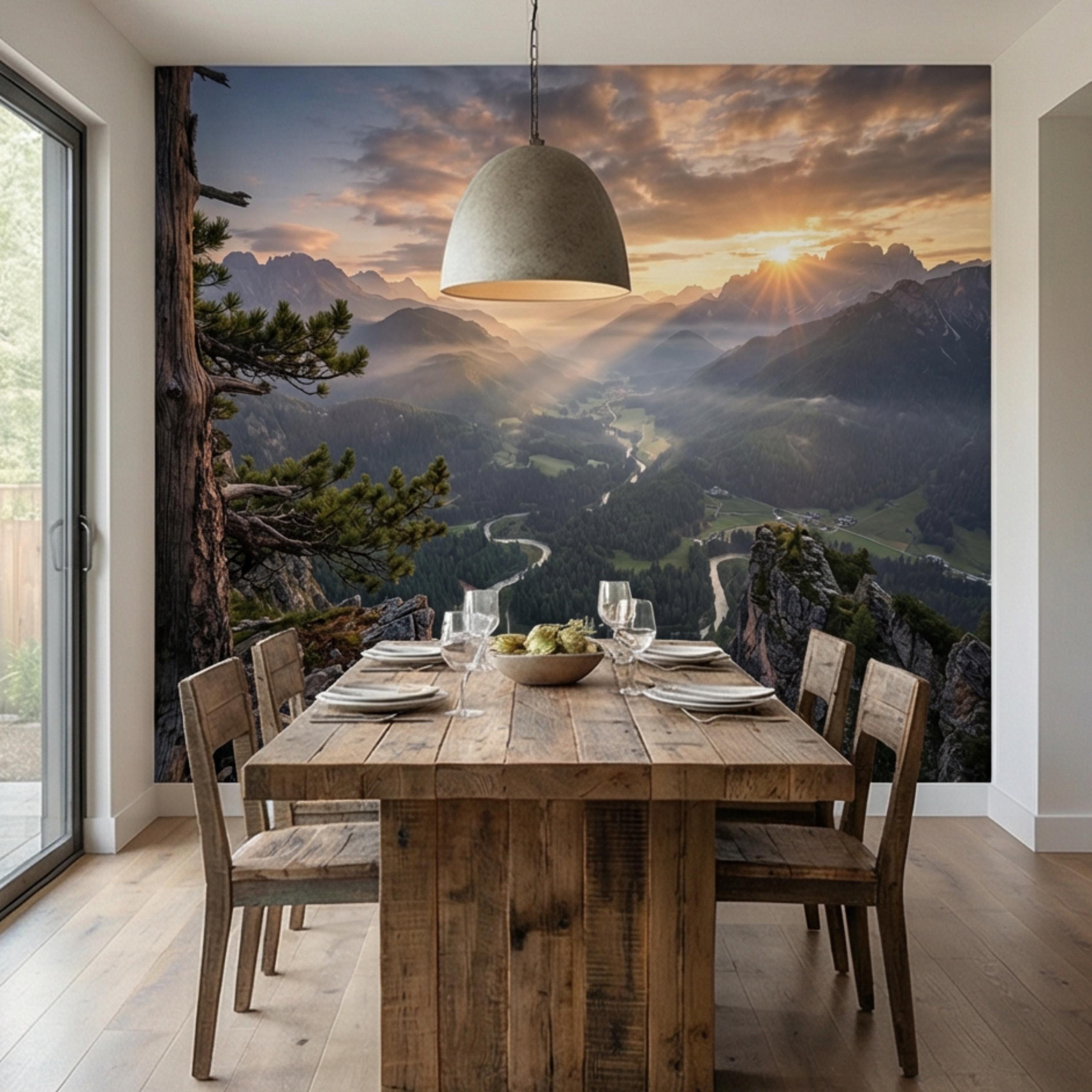 Mountain Sunrise Over Forest River Valley Panoramic Peel and Stick Wall Mural, Scenic Mountain Landscape Wallpaper