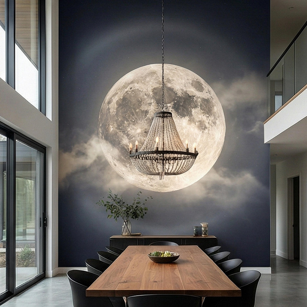 Full Moon Peel and Stick Wall Mural, Celestial Night Sky, Large Glowing Moon Cloudscape, Dark Cosmic Wallpaper