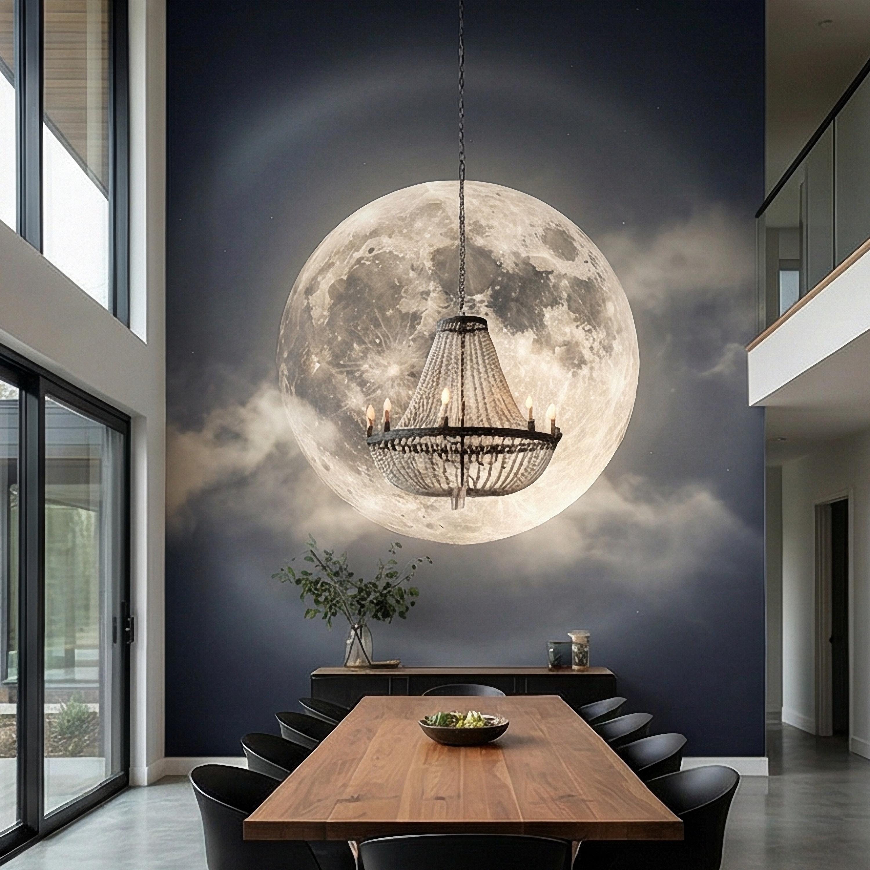 Full Moon Peel and Stick Wall Mural, Celestial Night Sky, Large Glowing Moon Cloudscape, Dark Cosmic Wallpaper