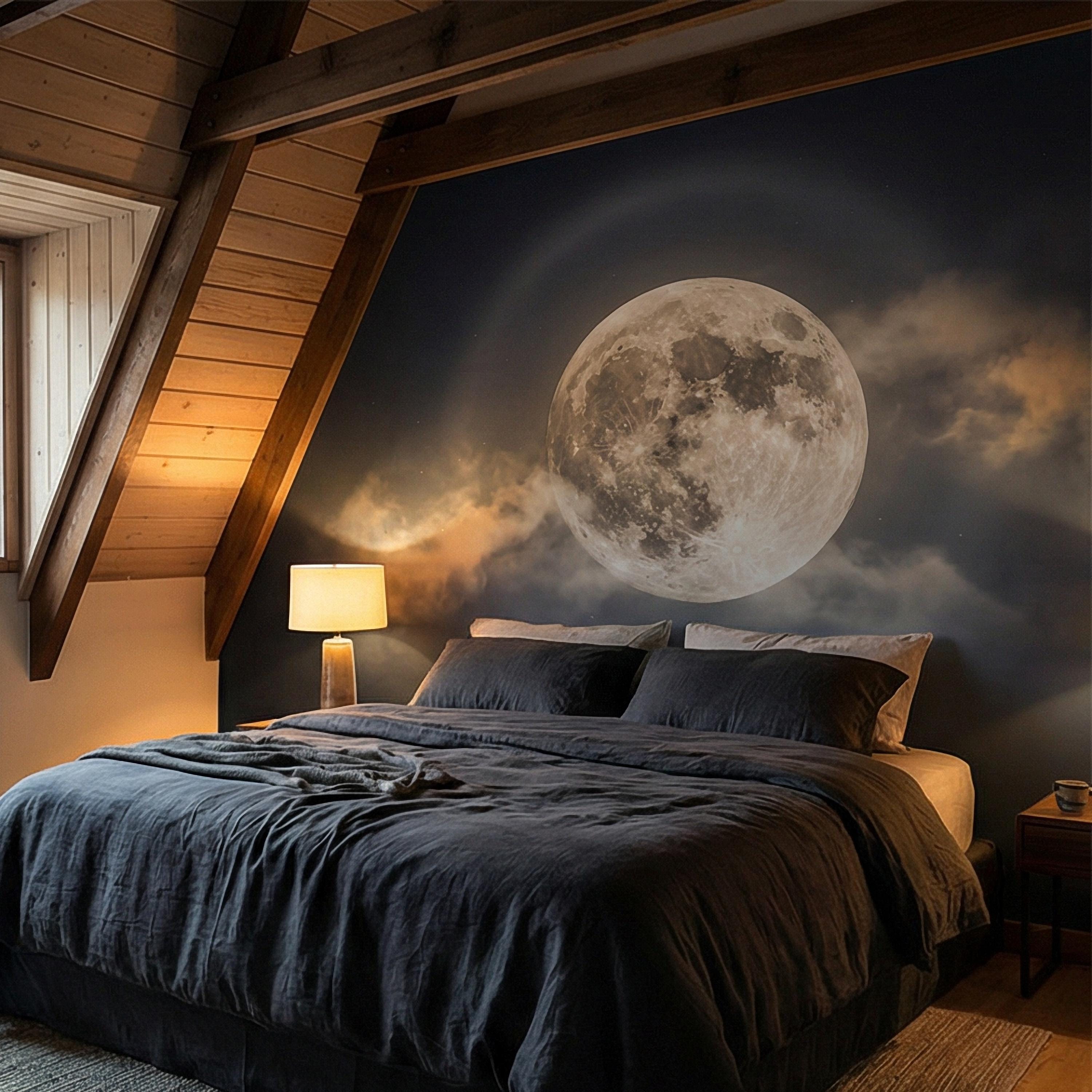 Full Moon Peel and Stick Wall Mural, Celestial Night Sky, Large Glowing Moon Cloudscape, Dark Cosmic Wallpaper