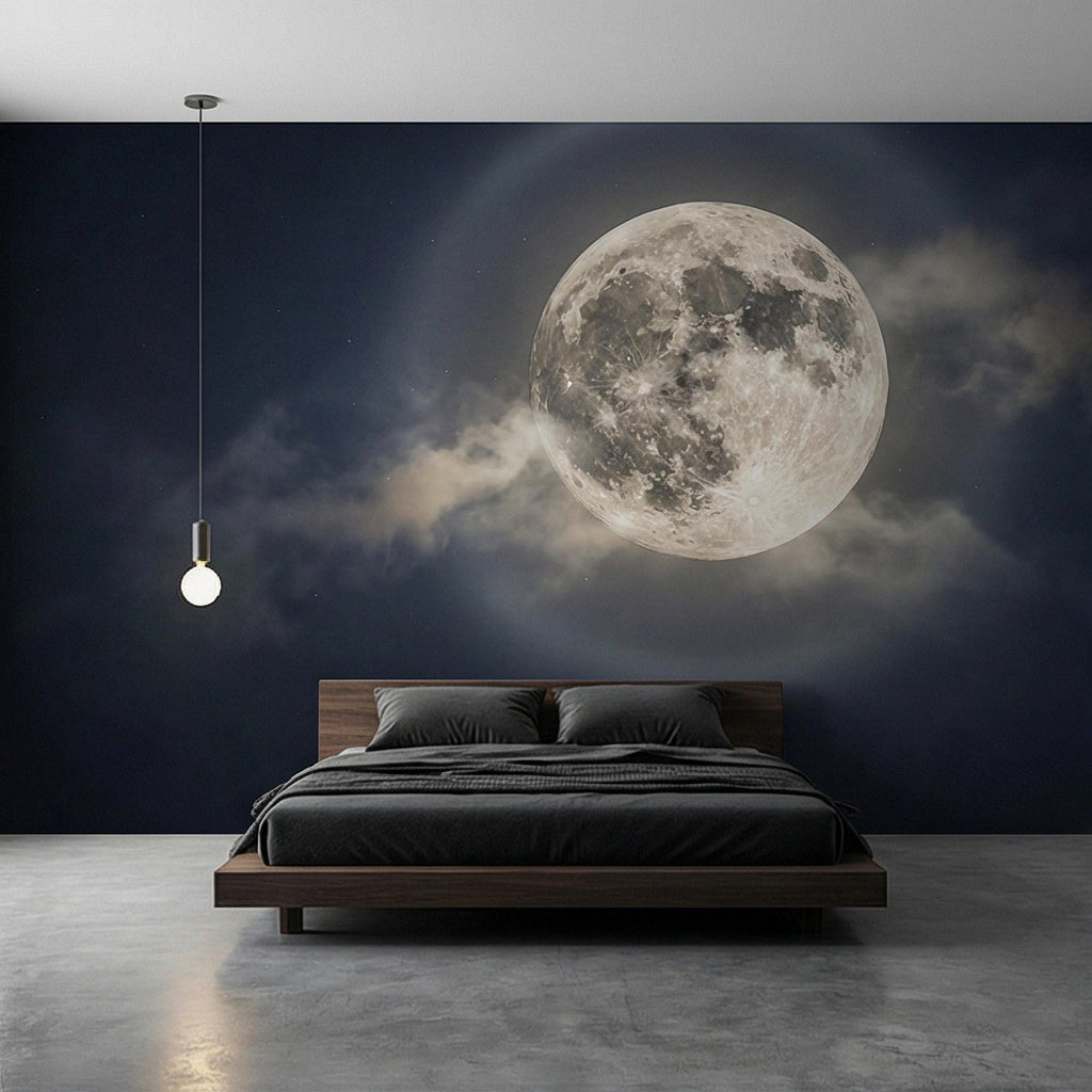 Full Moon Peel and Stick Wall Mural, Celestial Night Sky, Large Glowing Moon Cloudscape, Dark Cosmic Wallpaper