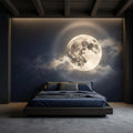 Full Moon Peel and Stick Wall Mural, Celestial Night Sky, Large Glowing Moon Cloudscape, Dark Cosmic Wallpaper
