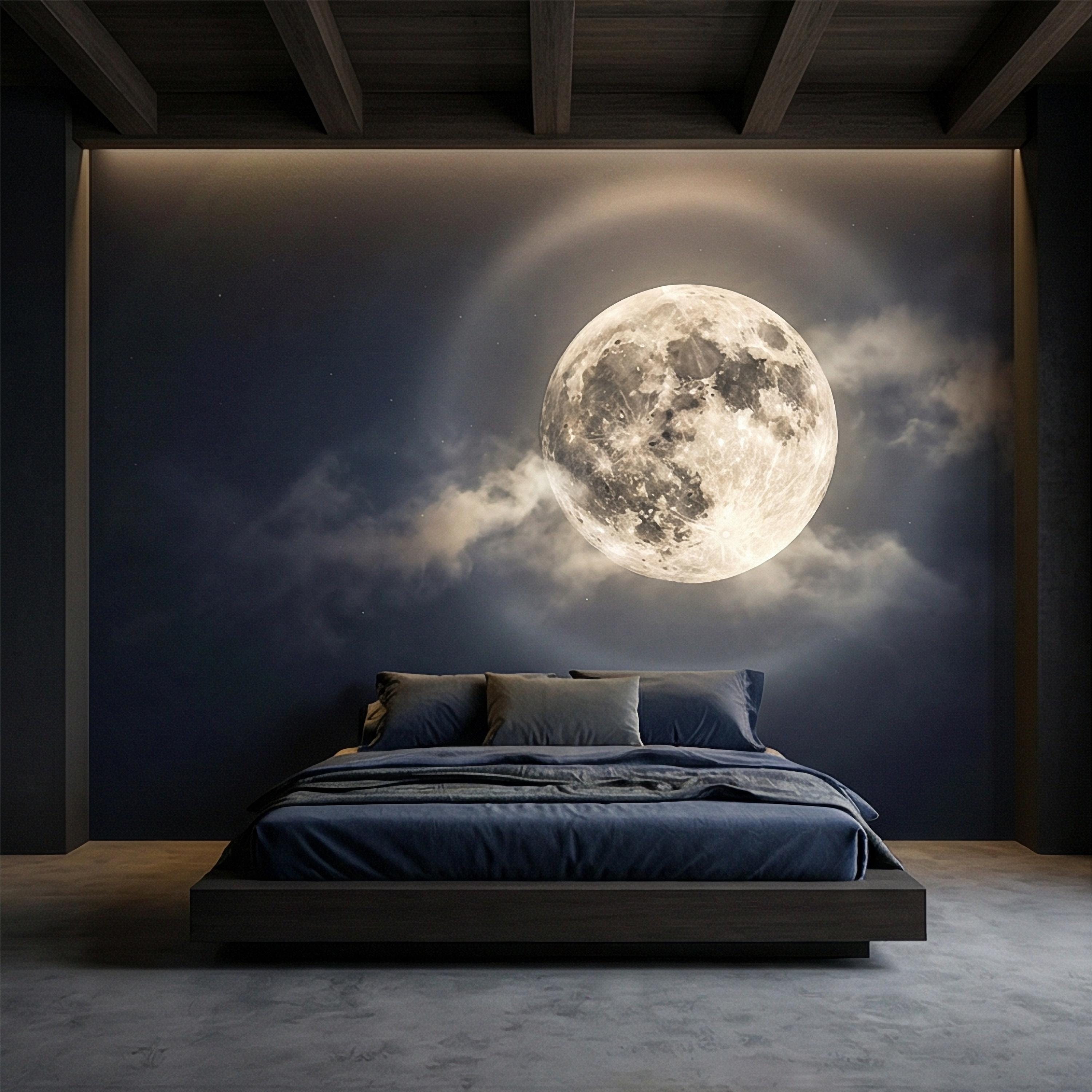 Full Moon Peel and Stick Wall Mural, Celestial Night Sky, Large Glowing Moon Cloudscape, Dark Cosmic Wallpaper
