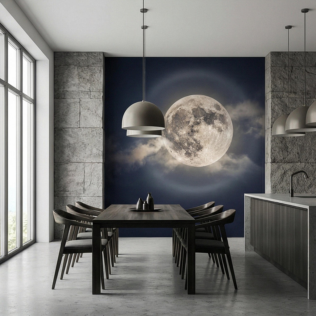 Full Moon Peel and Stick Wall Mural, Celestial Night Sky, Large Glowing Moon Cloudscape, Dark Cosmic Wallpaper