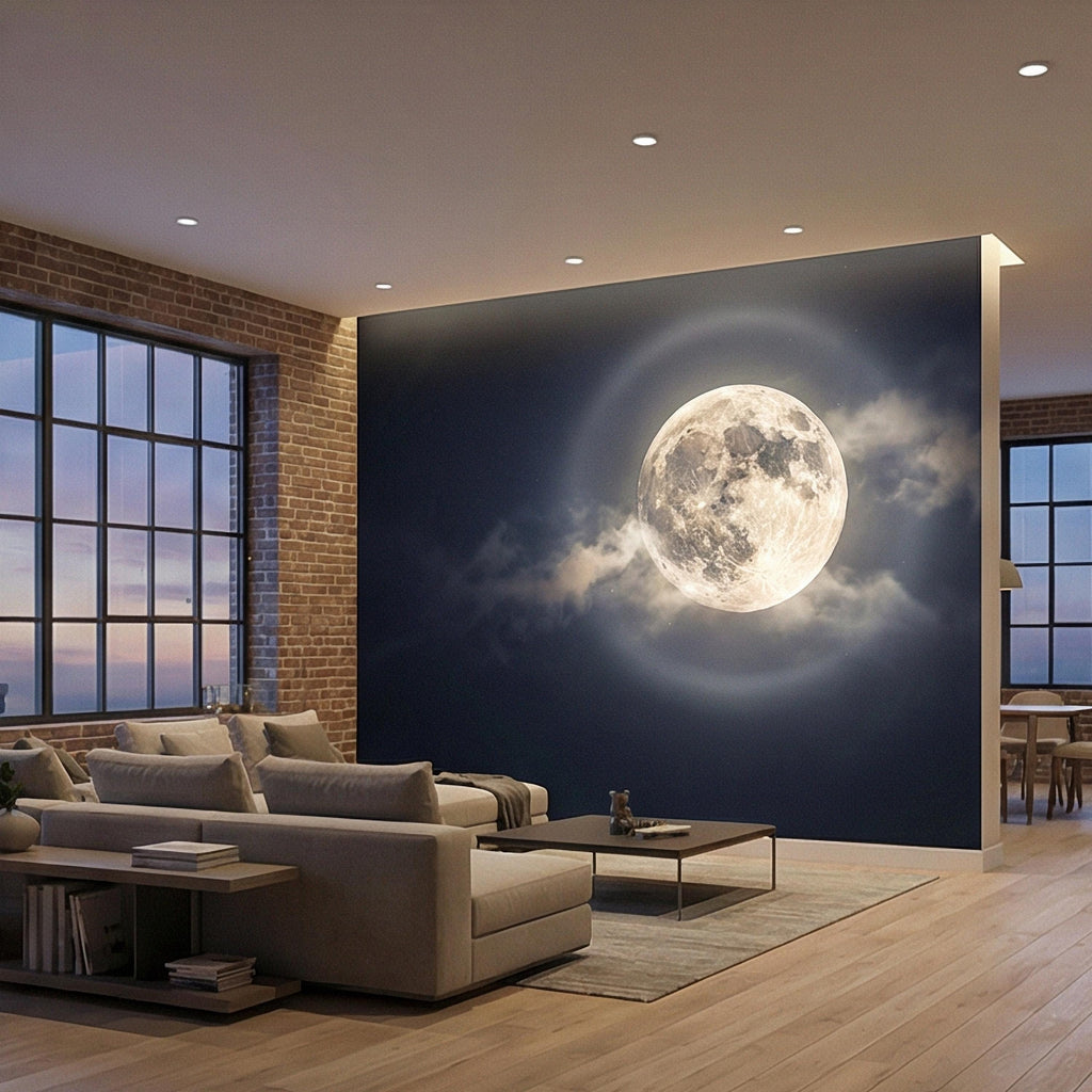 Full Moon Peel and Stick Wall Mural, Celestial Night Sky, Large Glowing Moon Cloudscape, Dark Cosmic Wallpaper