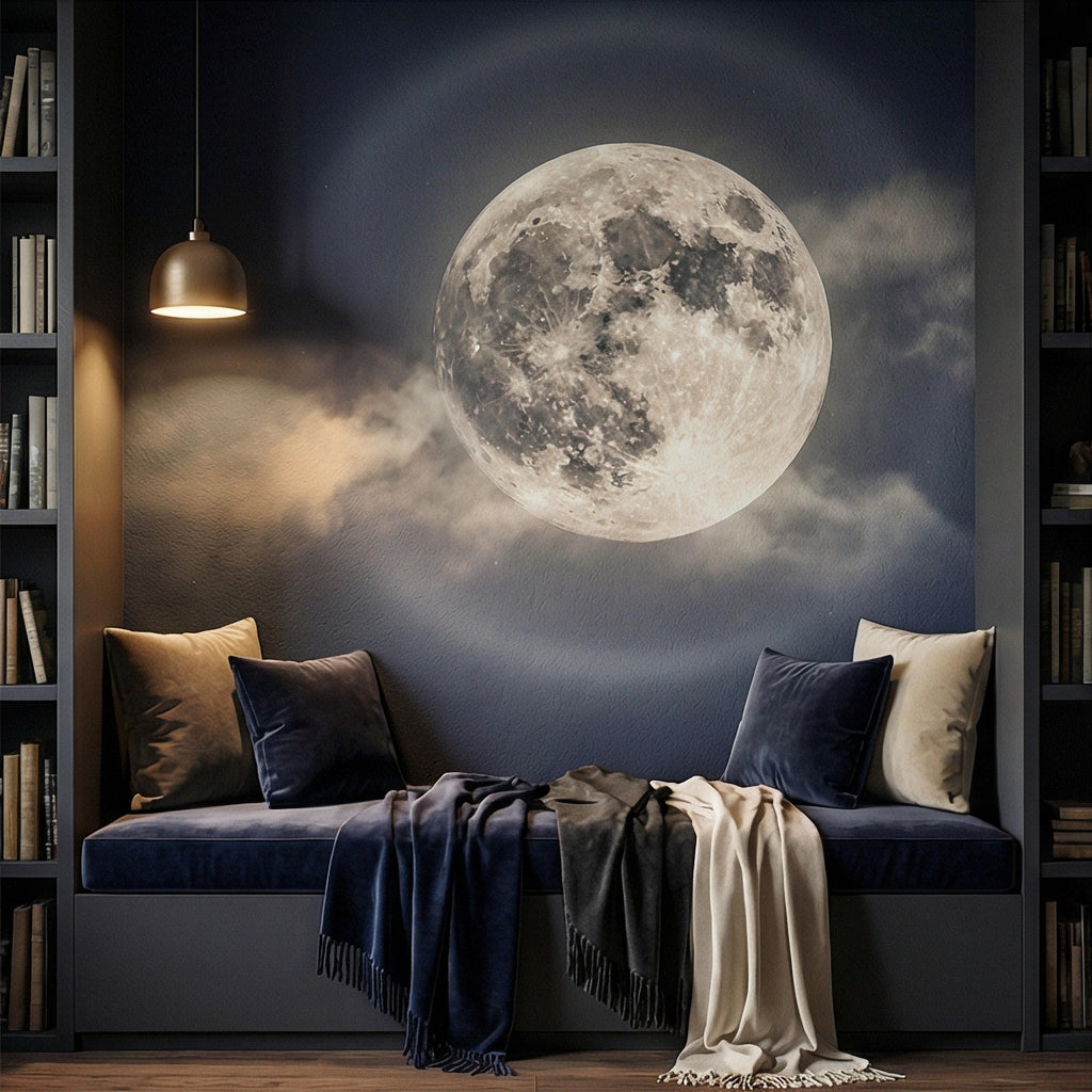 Full Moon Peel and Stick Wall Mural, Celestial Night Sky, Large Glowing Moon Cloudscape, Dark Cosmic Wallpaper