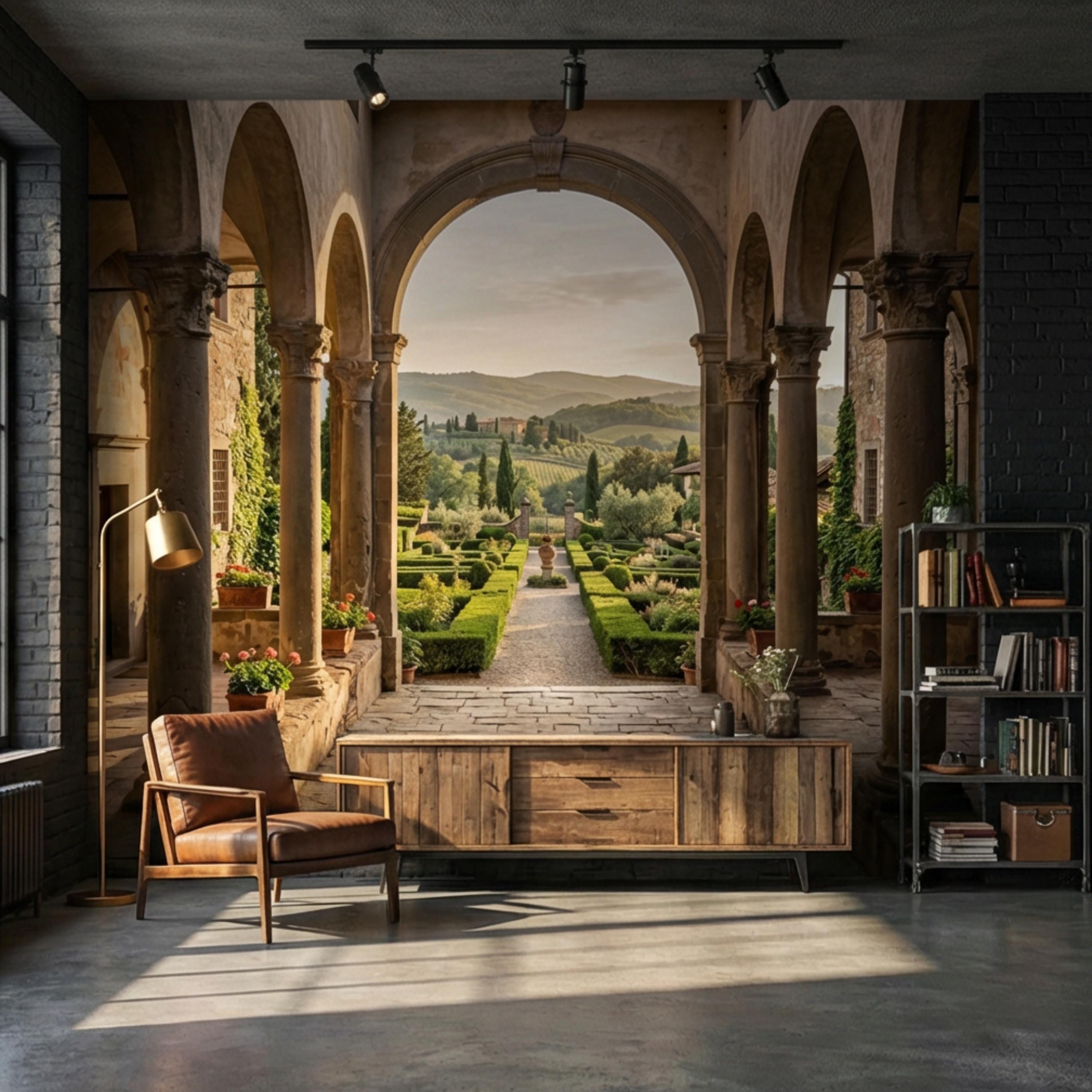 Tuscan Archway Garden View Panoramic Peel and Stick Wall Mural, Italian Villa Landscape Wallpaper