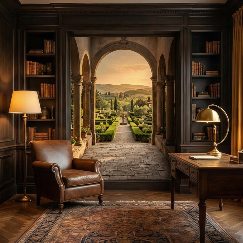 Tuscan Archway Garden View Panoramic Peel and Stick Wall Mural, Italian Villa Landscape Wallpaper