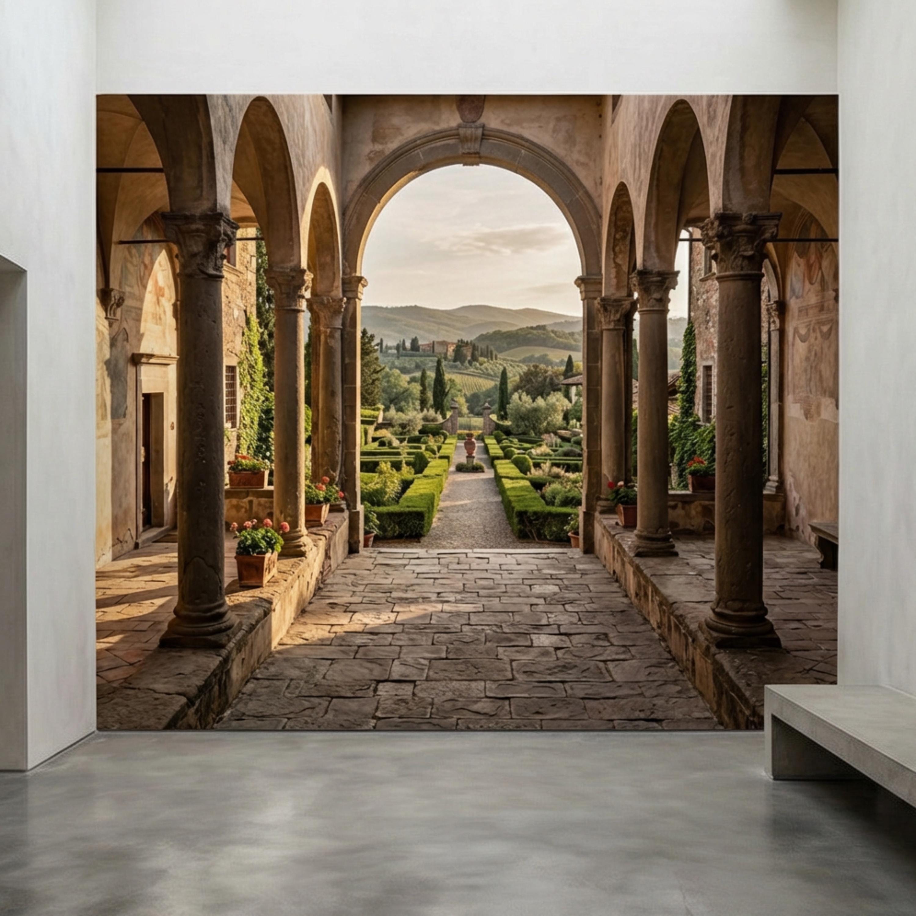 Tuscan Archway Garden View Panoramic Peel and Stick Wall Mural, Italian Villa Landscape Wallpaper
